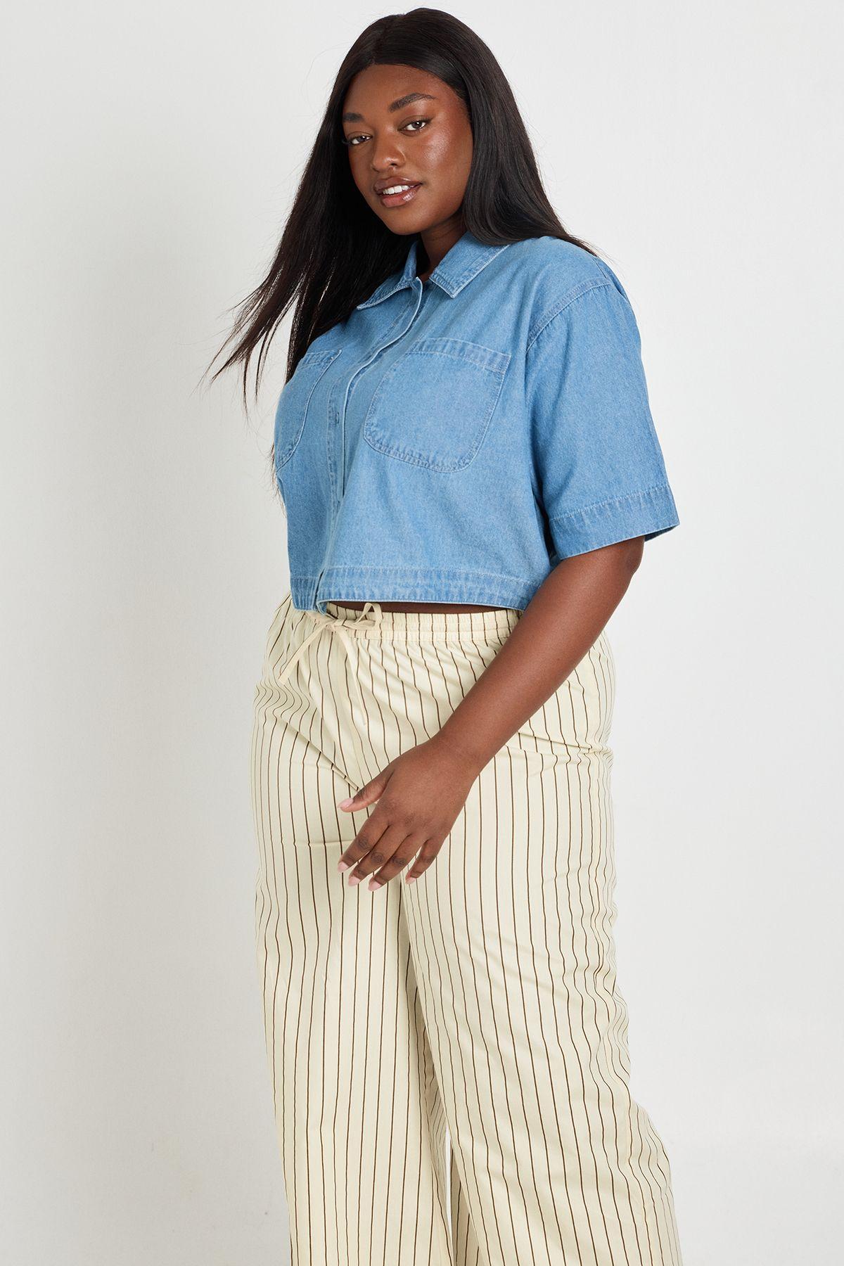 Plus Chambray Pocket Longline Crop Shirt by BOOHOO