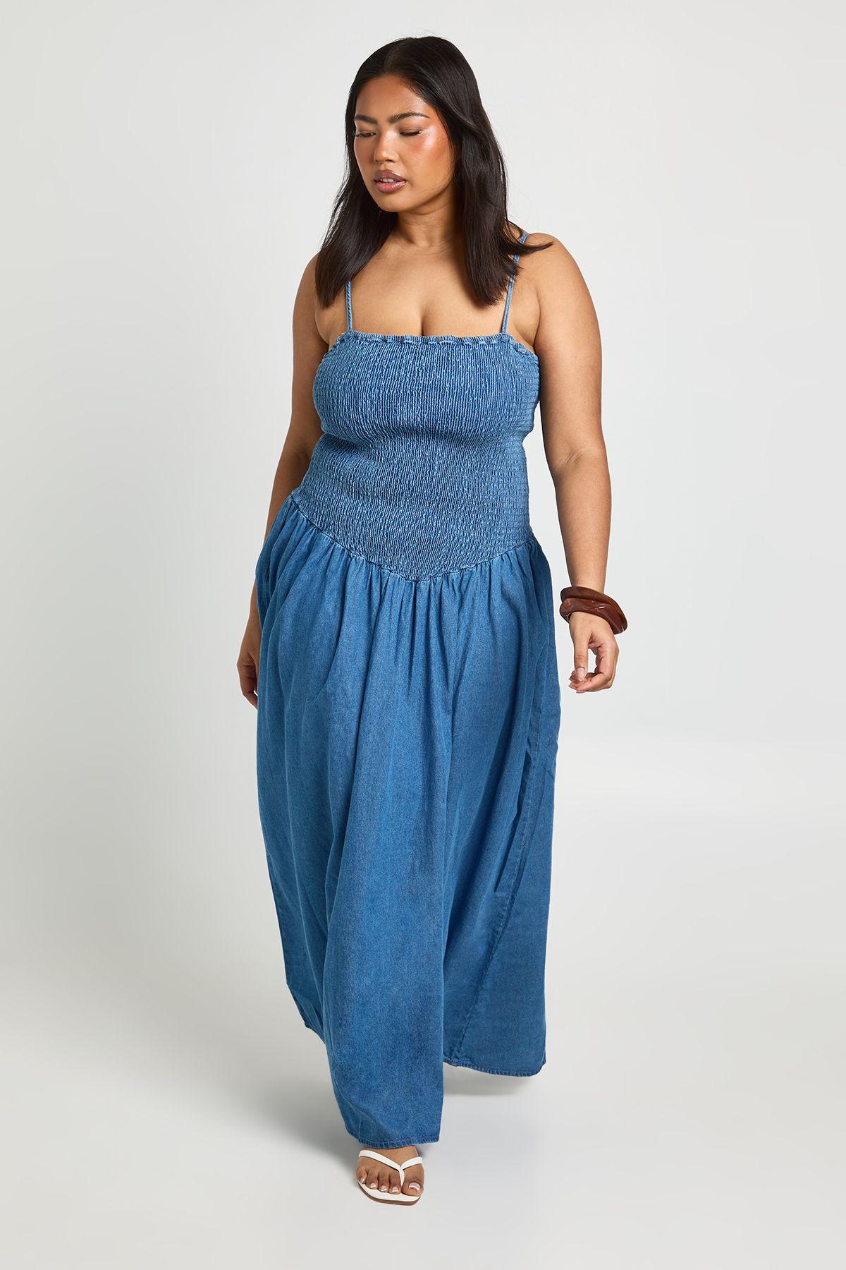 Plus Chambray  Shirred Midaxi Skater  Dress by BOOHOO