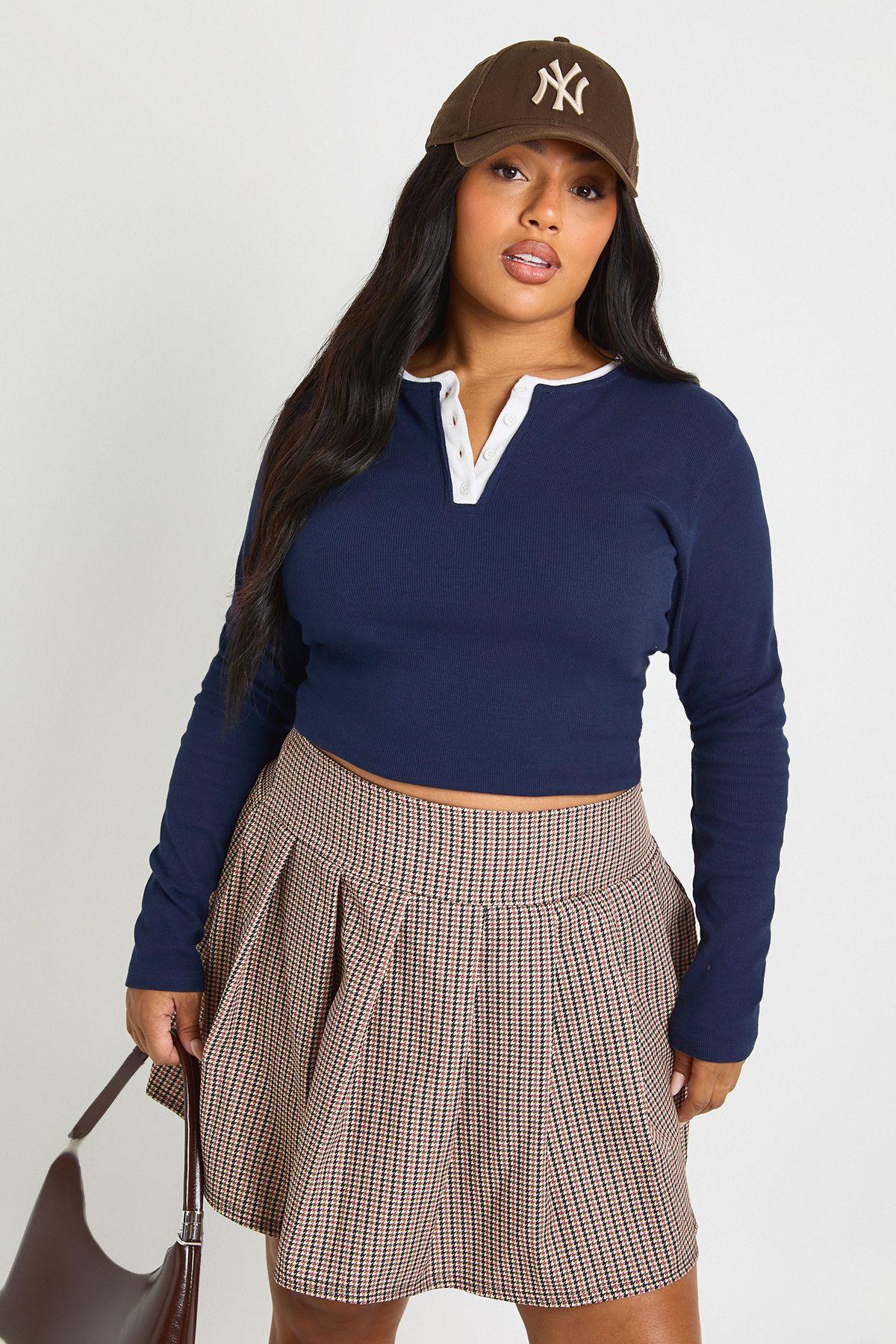 Plus Check Pleated Skirt by BOOHOO
