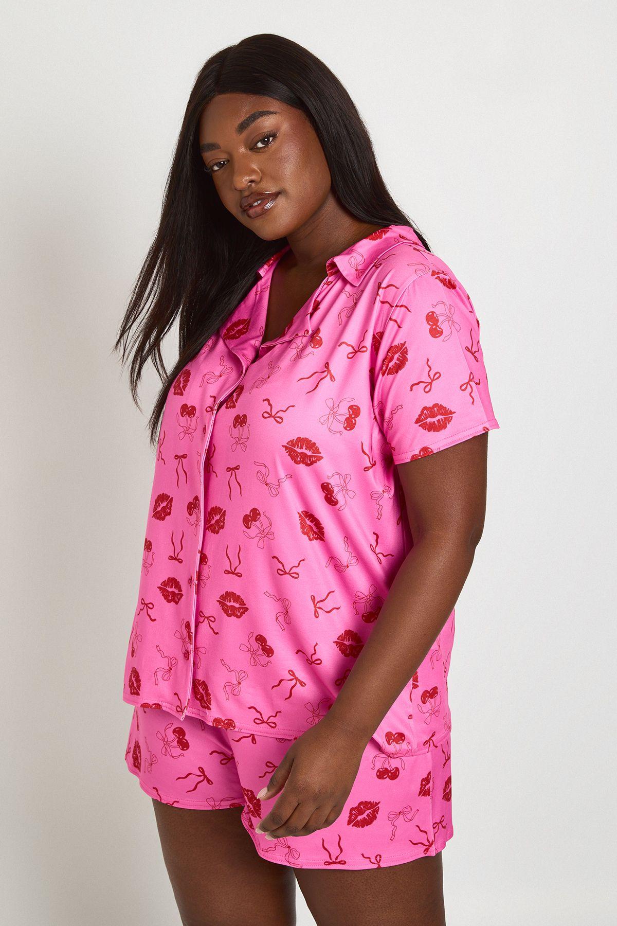Plus Cherries And Kissed Print Short Sleeve And Shorts Pyjama Set by BOOHOO