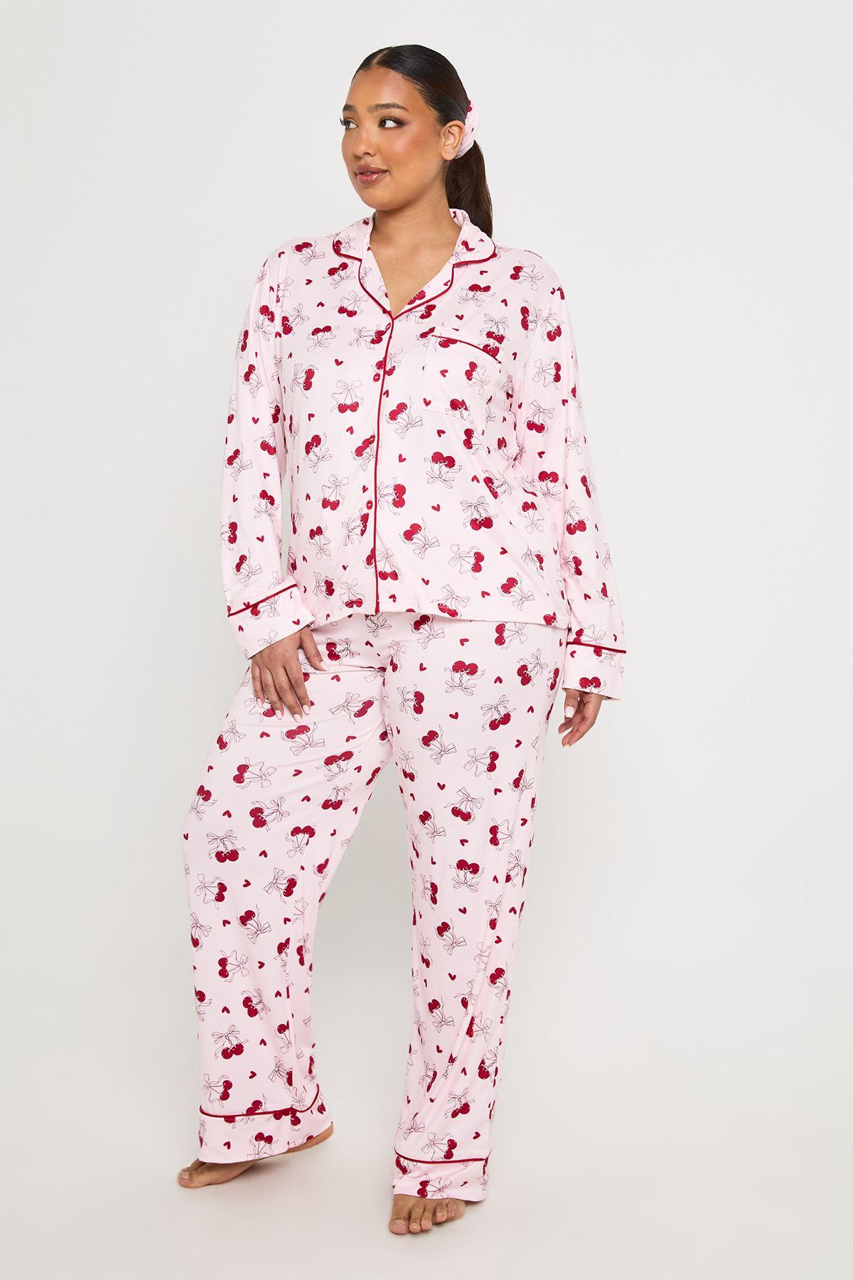 Plus Cherry Print Heart Long Sleeve Shirt & Trouser 3 Piece Pyjama Set by BOOHOO