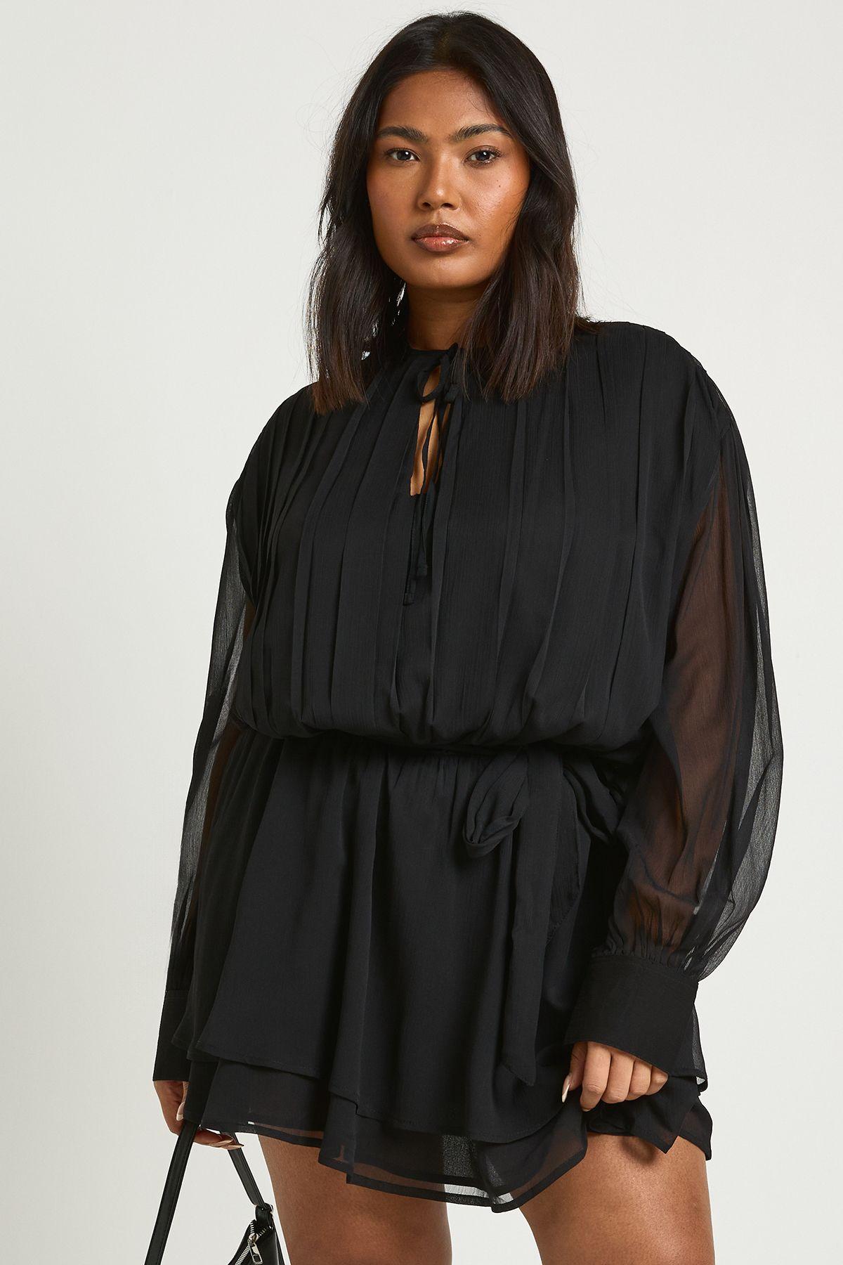 Plus Chiffon Blouson Ruffle Tie Belt Skater Dress by BOOHOO