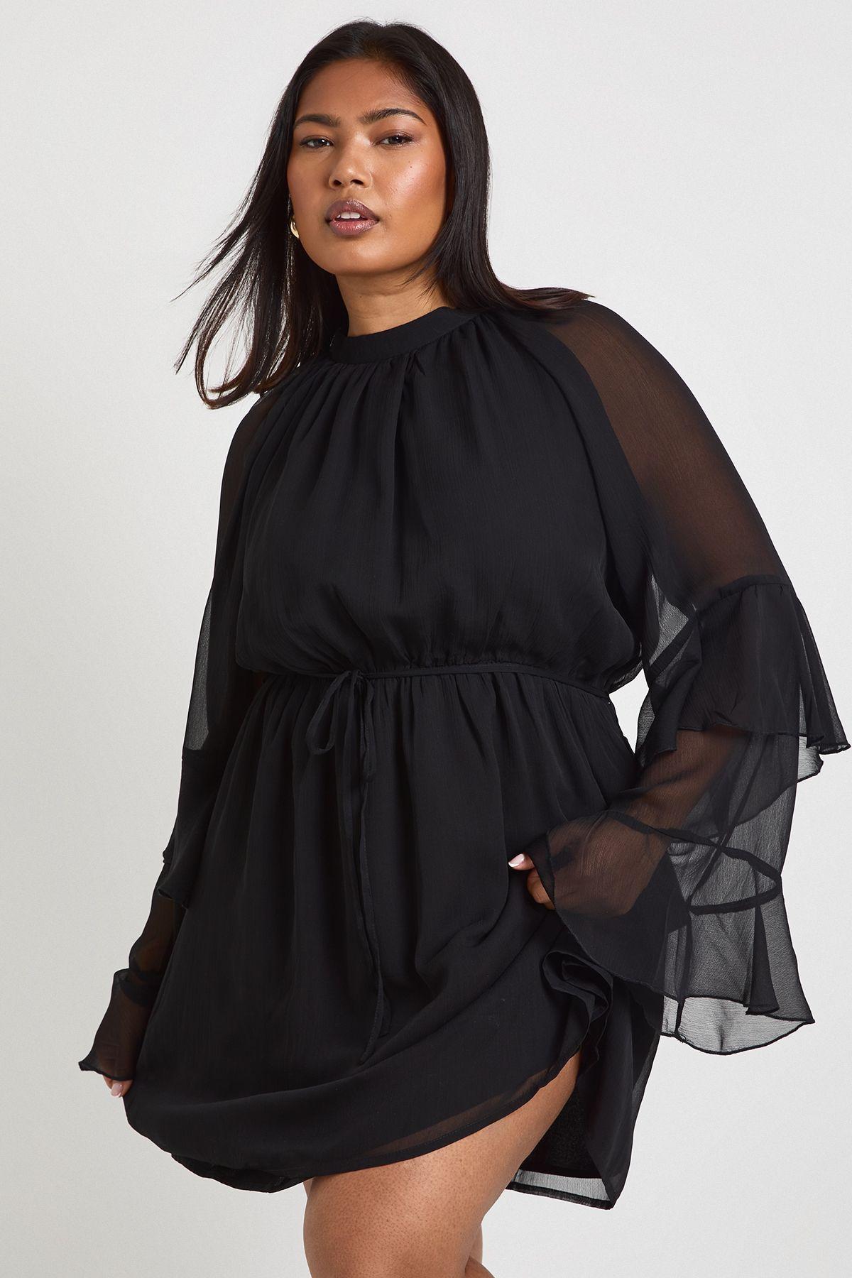 Plus Chiffon Flared Sleeve Skater Dress by BOOHOO