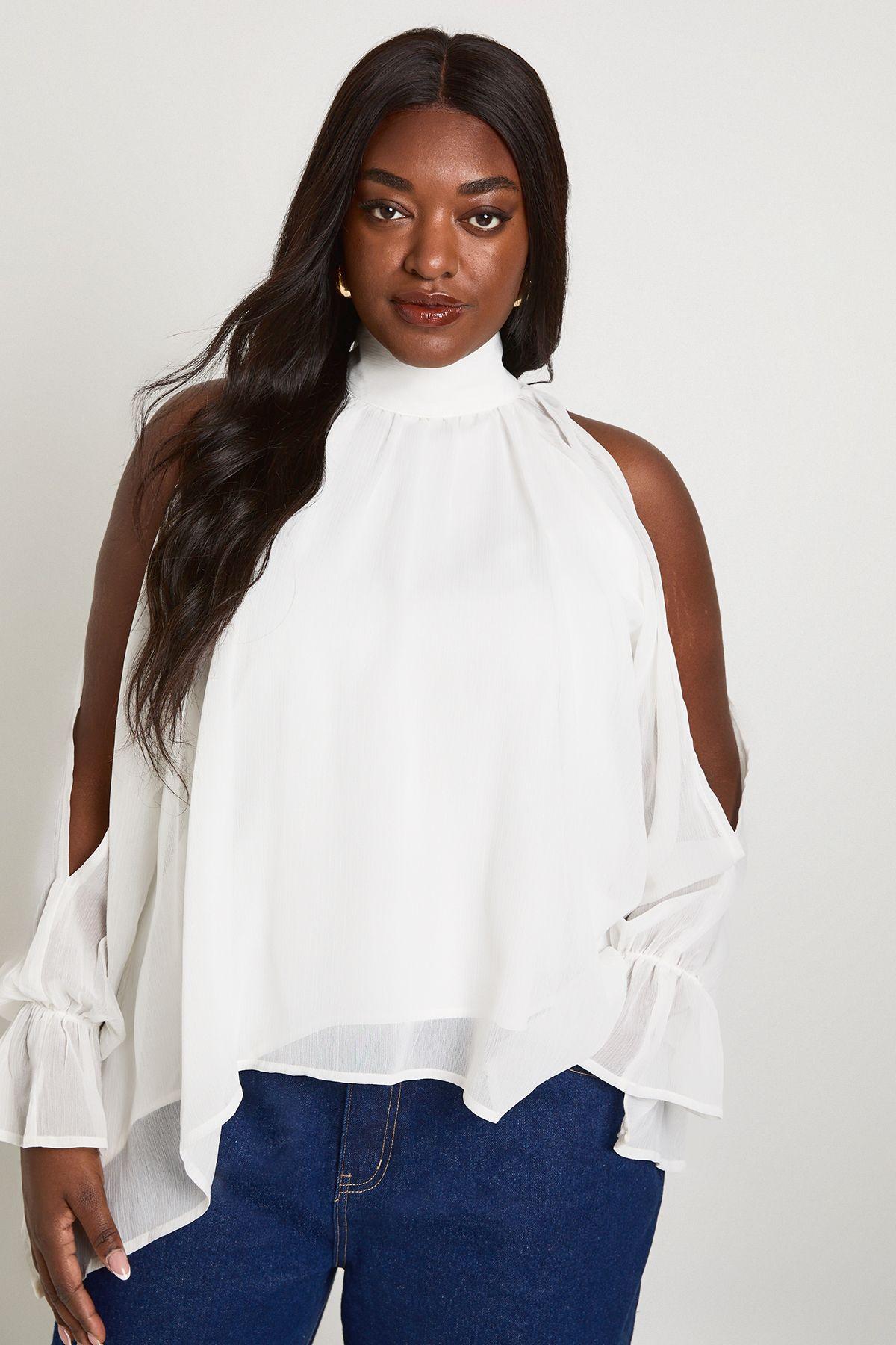 Plus Chiffon Halterneck Long Sleeve Draped Blouse by BOOHOO