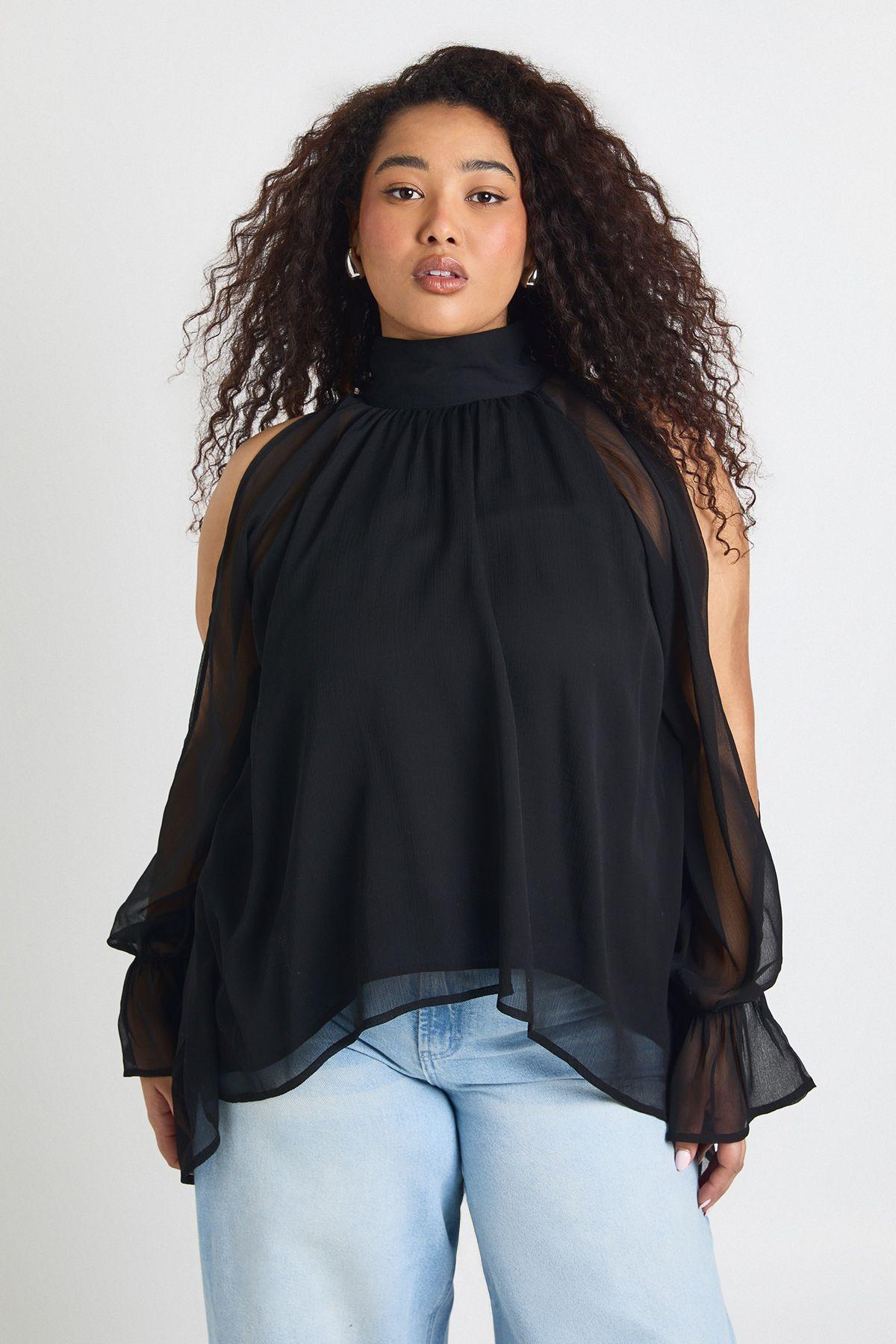 Plus Chiffon Halterneck Long Sleeve Draped Blouse by BOOHOO