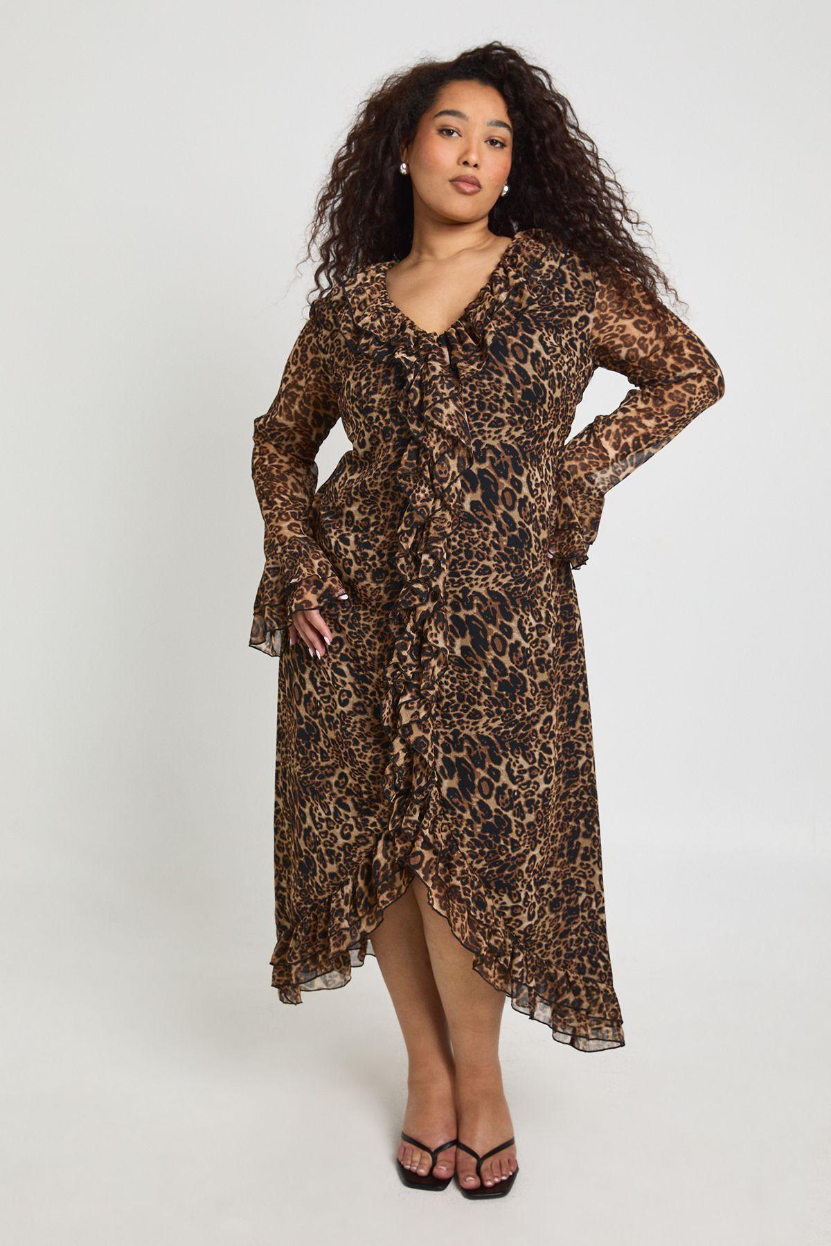 Plus Chiffon Leopard Ruffle Midaxi Dress by BOOHOO