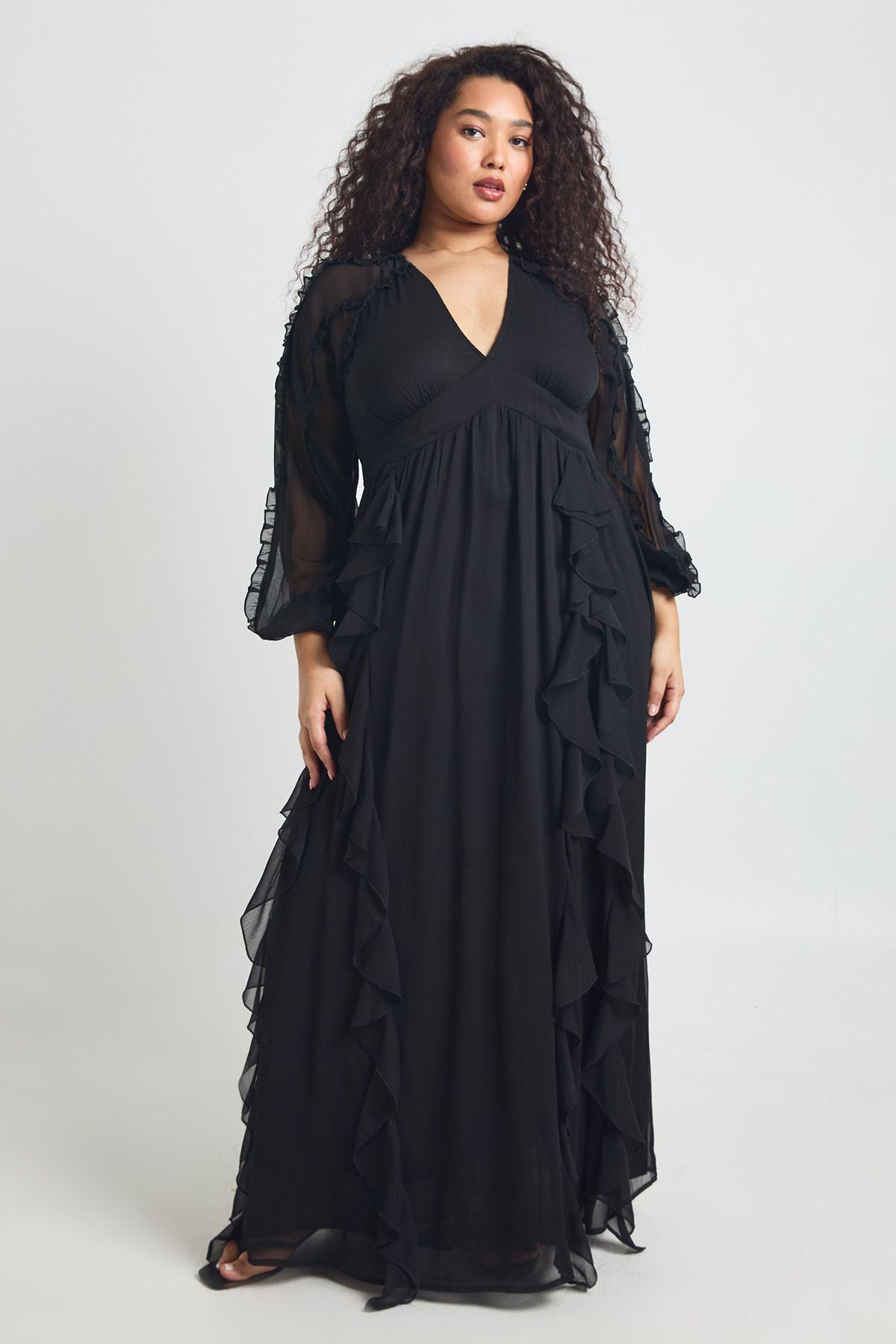 Plus Chiffon Long Sleeve Ruffle Maxi Dress by BOOHOO
