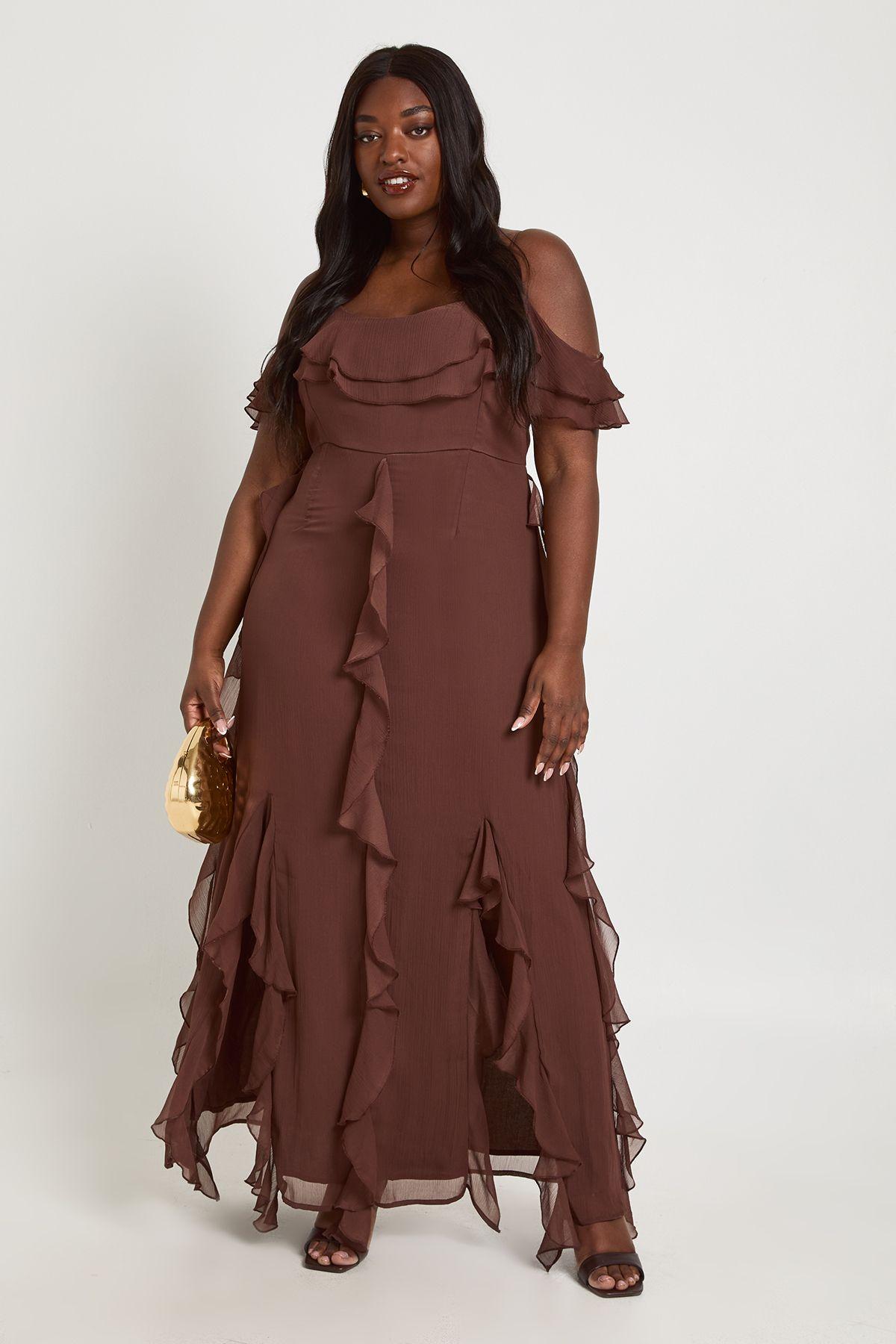 Plus Chiffon Ruffle Cold Shoulder Maxi Dress by BOOHOO