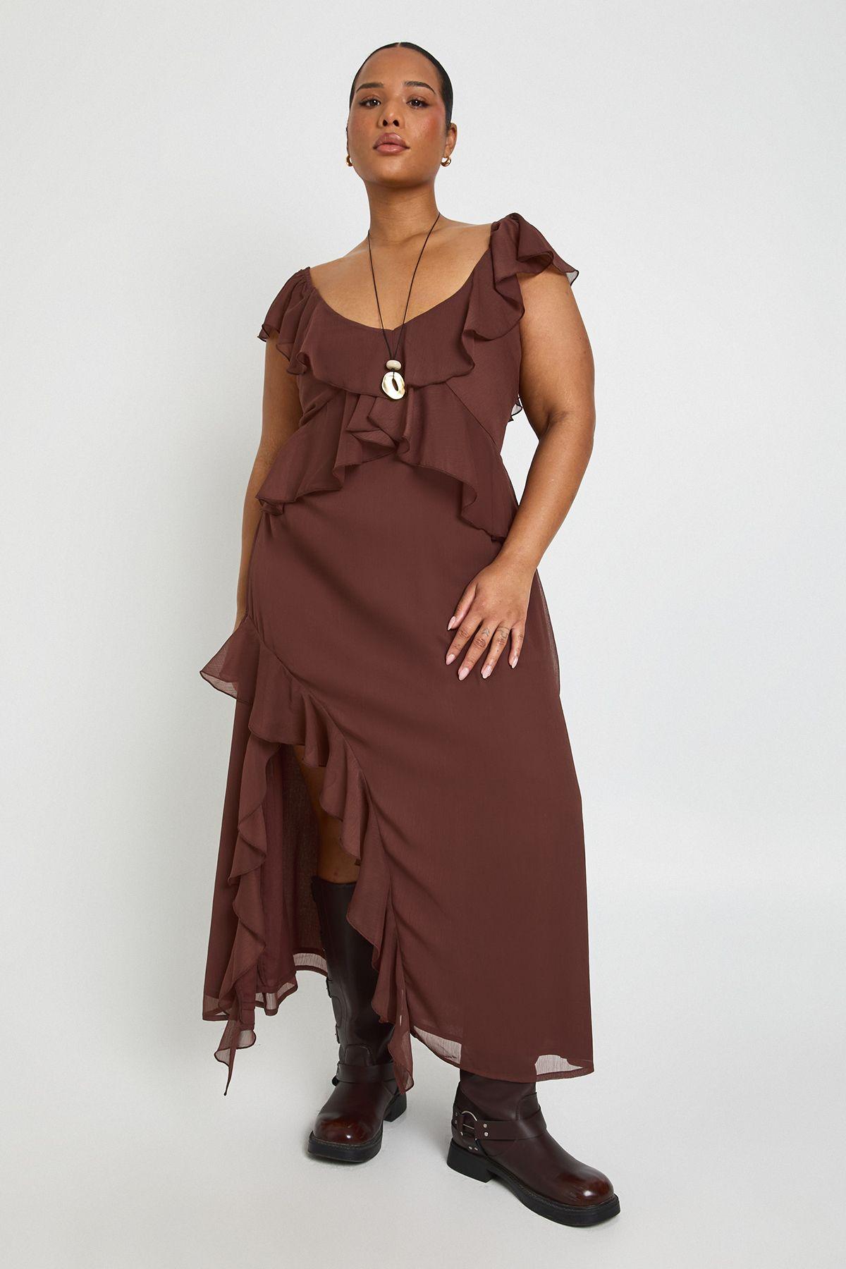 Plus Chiffon Ruffle Hem Angel Sleeve Midaxi Dress by BOOHOO