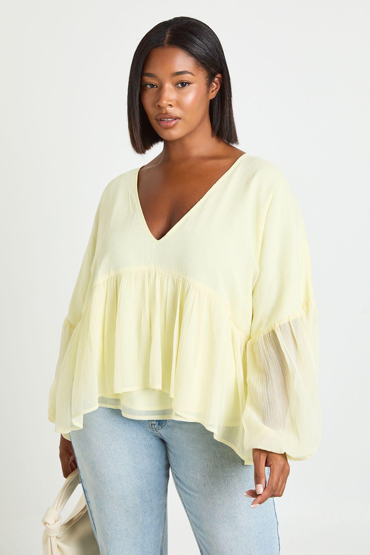Plus Chiffon Ruffle Plunge Blouse by BOOHOO