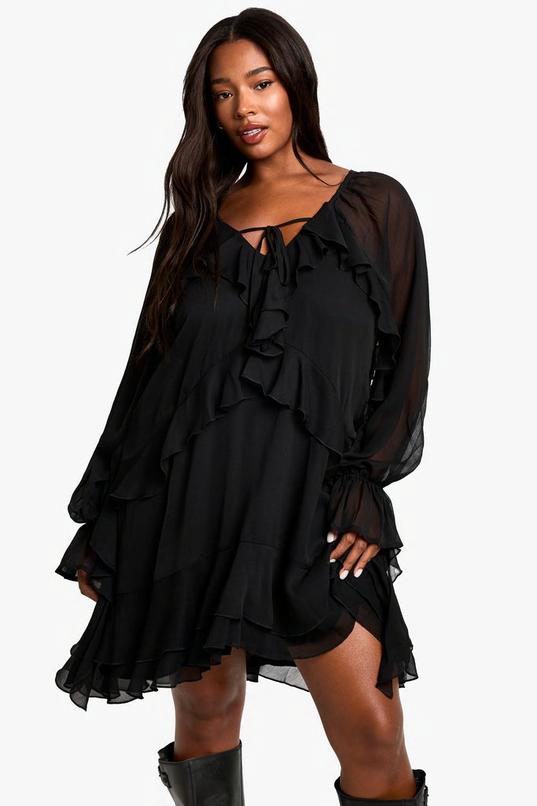 Plus Chiffon Ruffle Smock Dress by BOOHOO