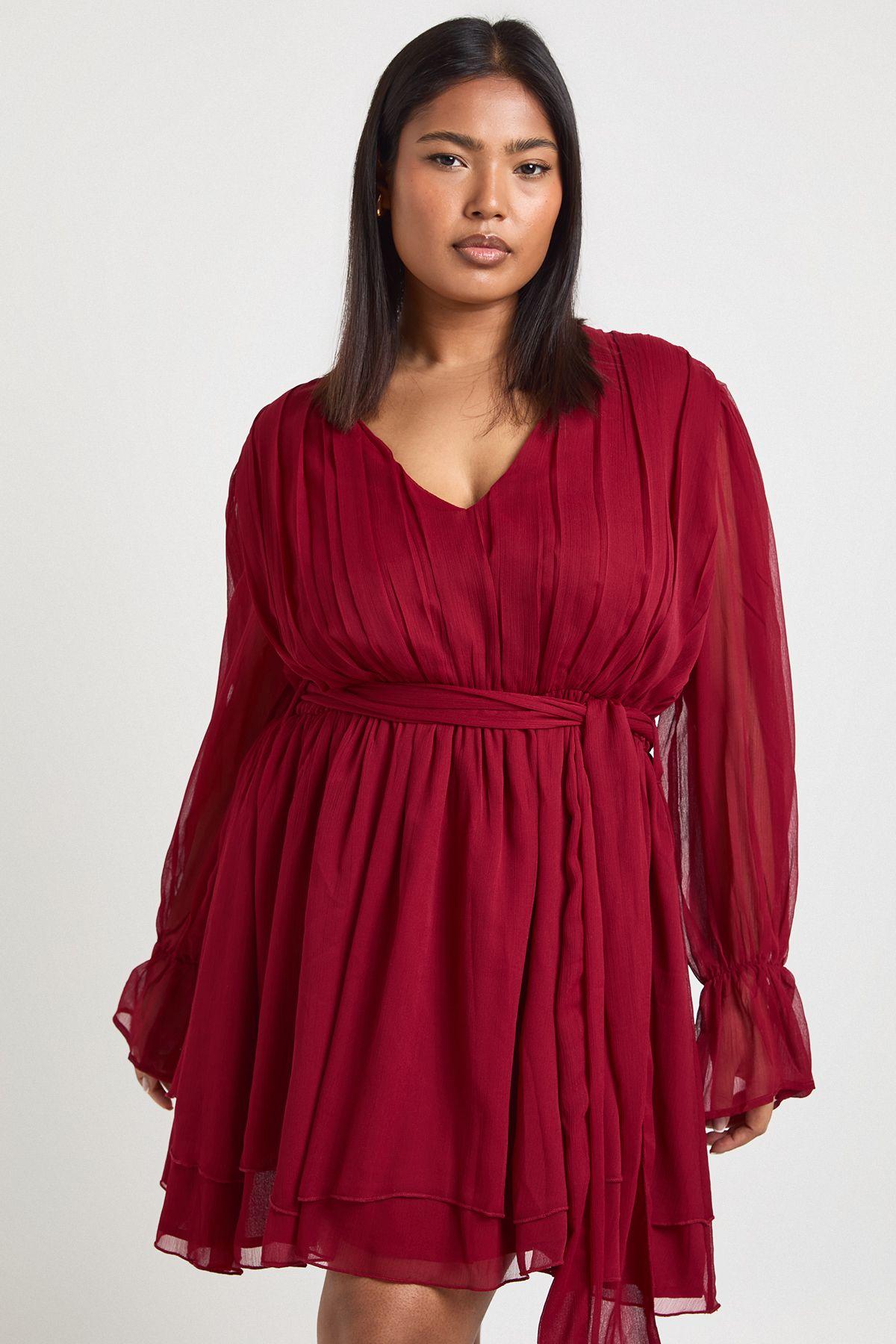 Plus Chiffon Volume Sleeve Tie Waist Mini Skater Dress by BOOHOO