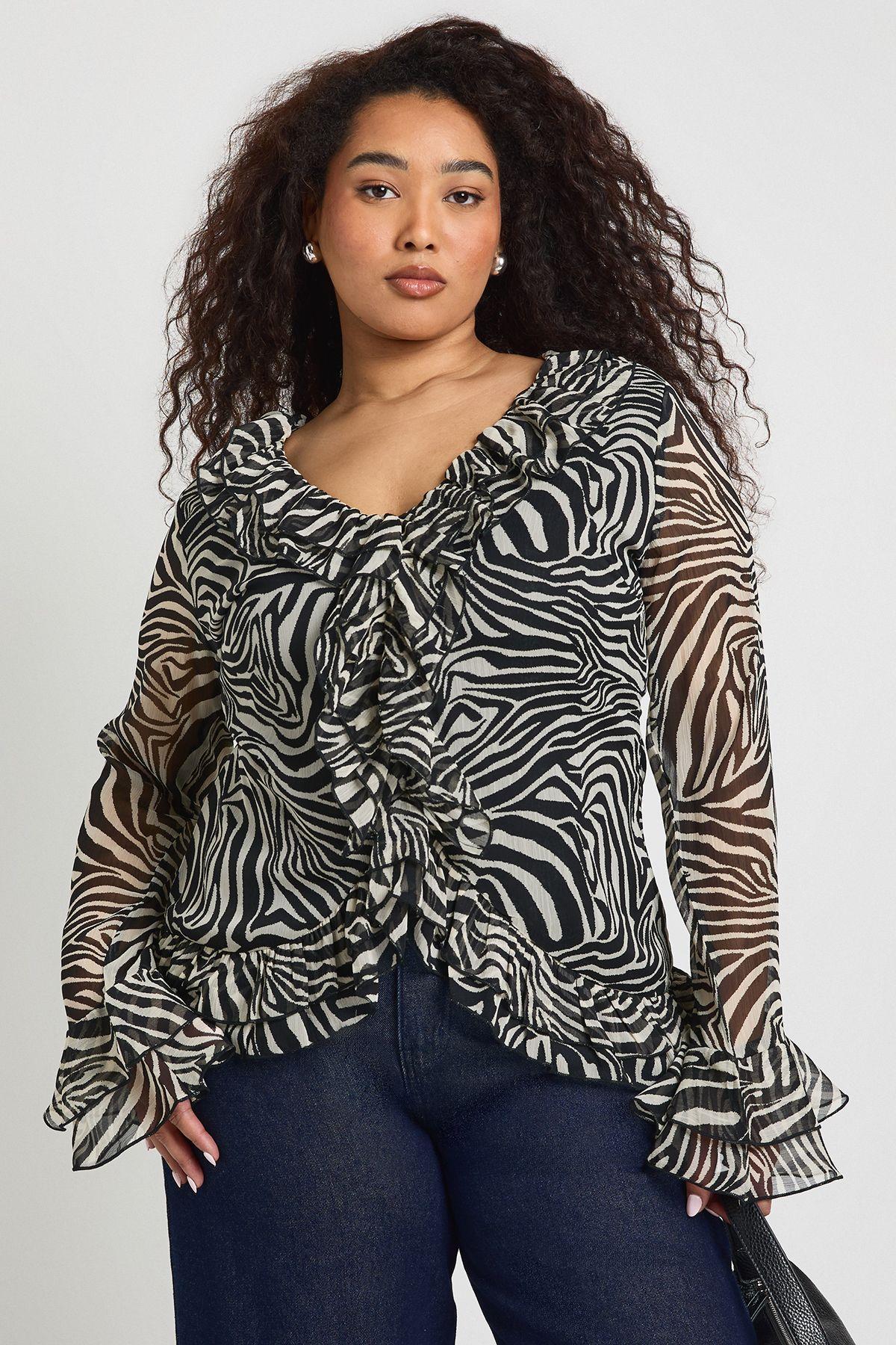 Plus Chiffon Zebra Ruffle Top by BOOHOO
