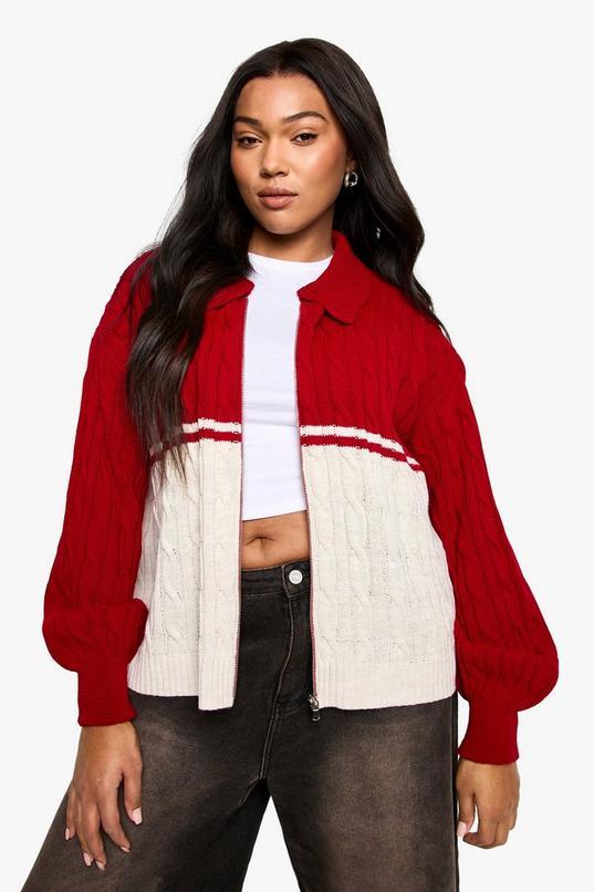 Plus Chunky Knit Cable Zip Through Collared Jumper by BOOHOO