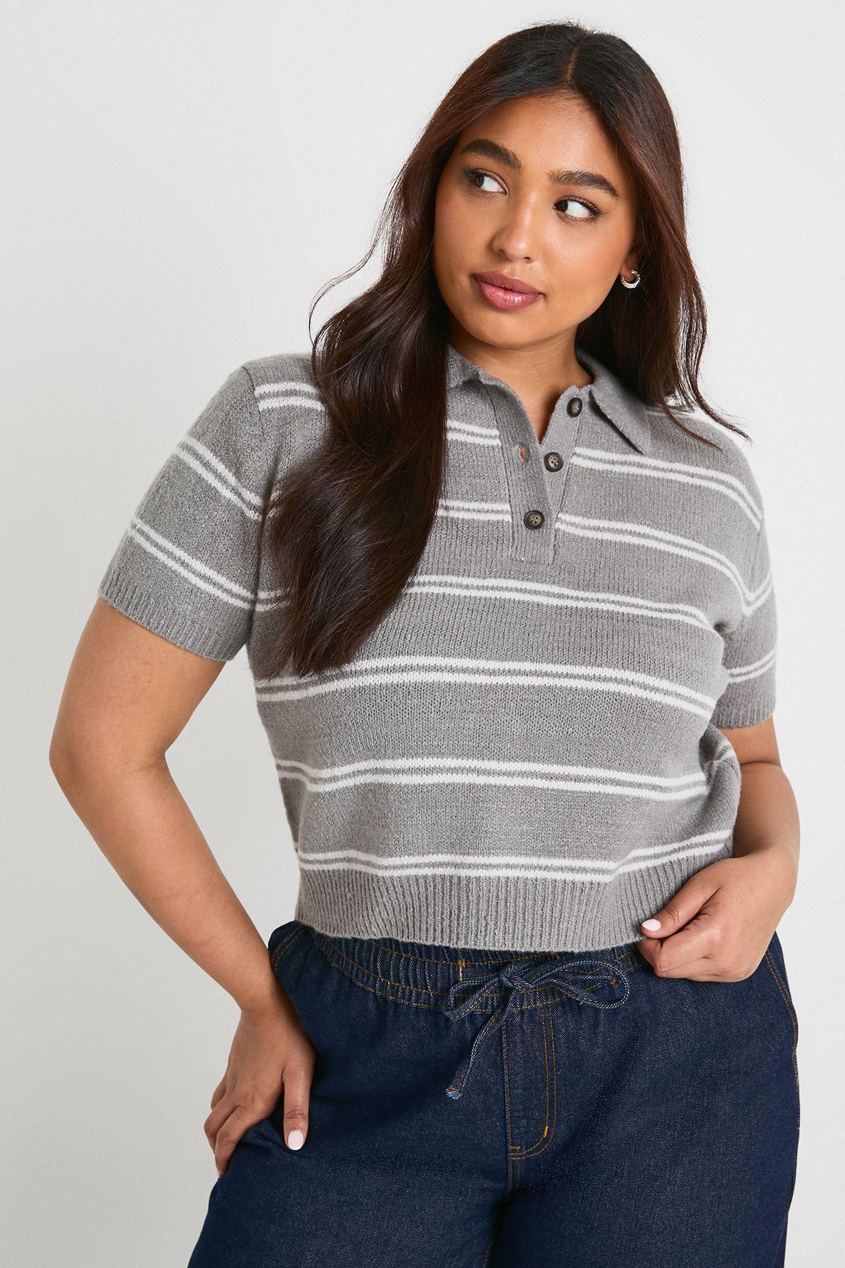 Plus Collar Detail Stripe Knit Top by BOOHOO