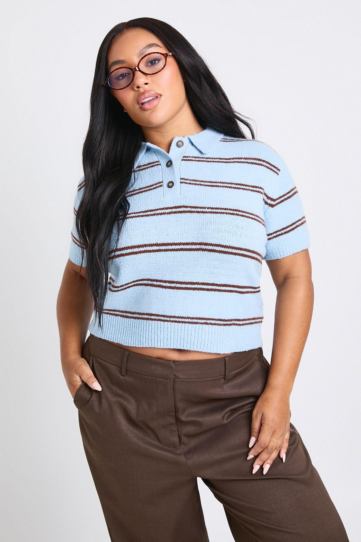 Plus Collar Detail Stripe Knit Top by BOOHOO