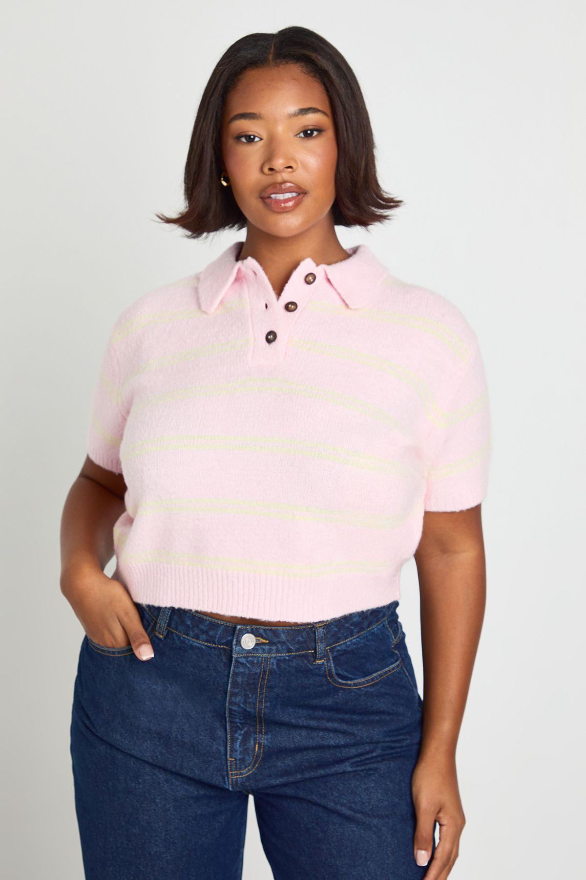 Plus Collar Stripe Knit Top by BOOHOO
