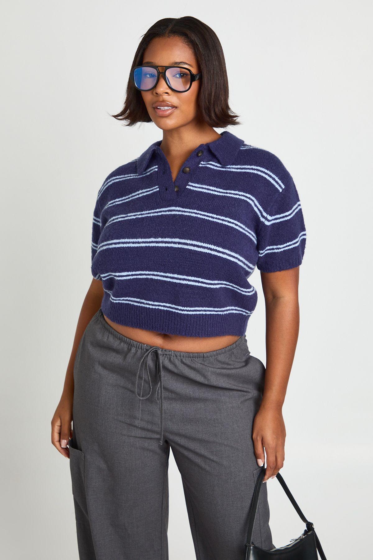 Plus Collar Stripe Knit Top by BOOHOO