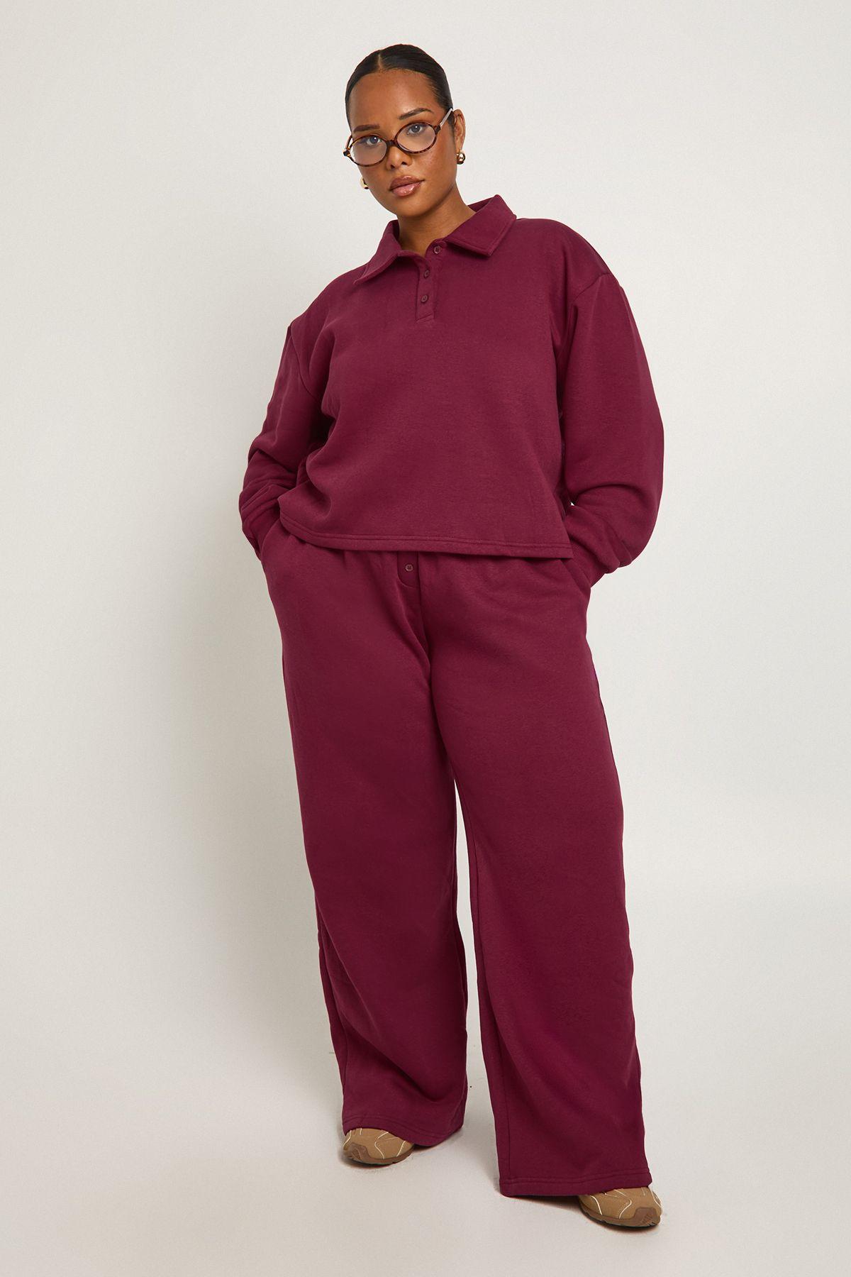 Plus Collared Button Down Sweatshirt & Wide Leg Co Ord by BOOHOO