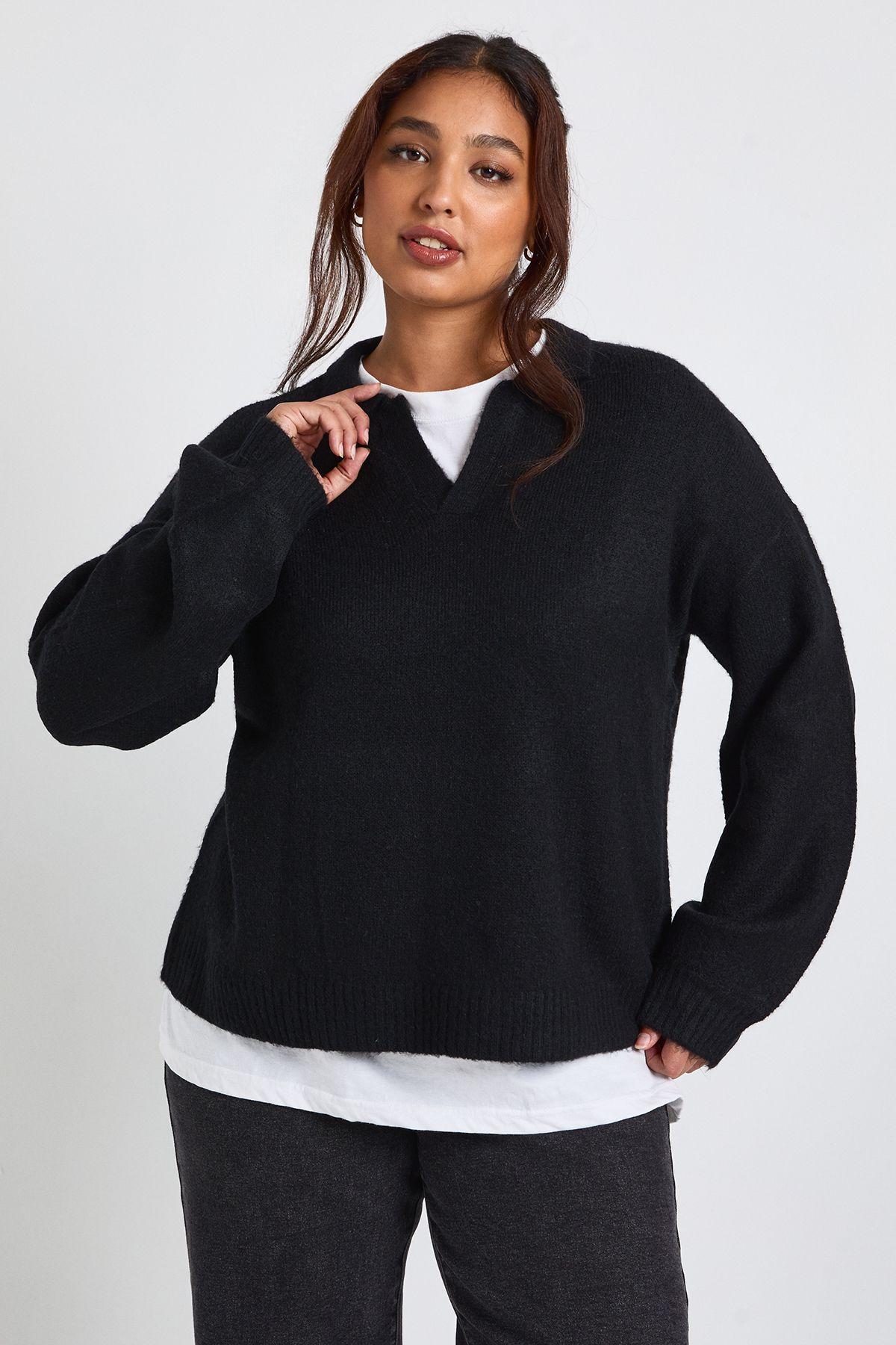Plus Collared V Neck Knit Top by BOOHOO