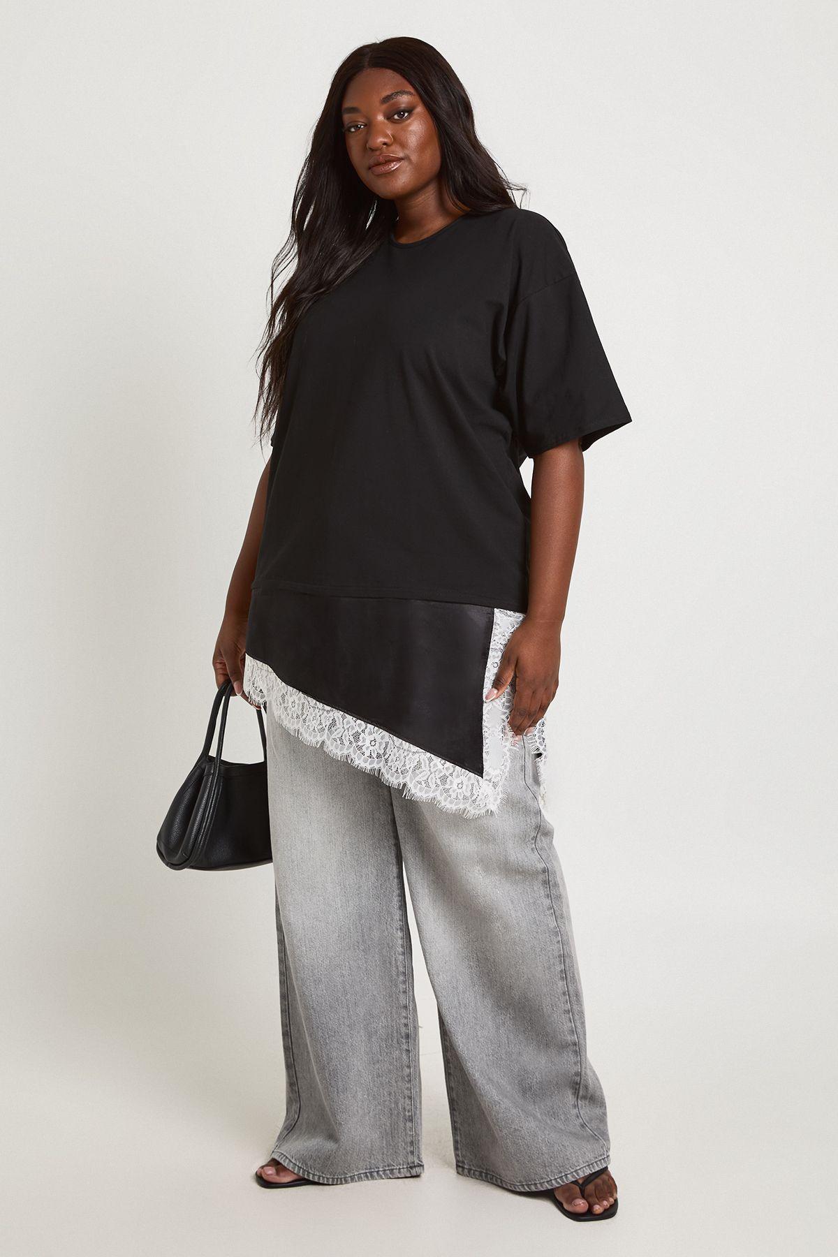 Plus Contrast Lace Satin Hem T-Shirt by BOOHOO