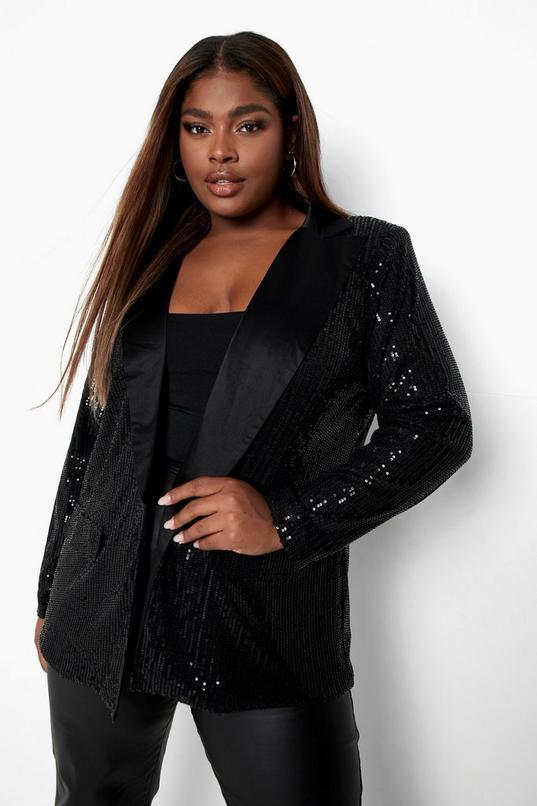 Plus Contrast Lapel Sequin Blazer by BOOHOO