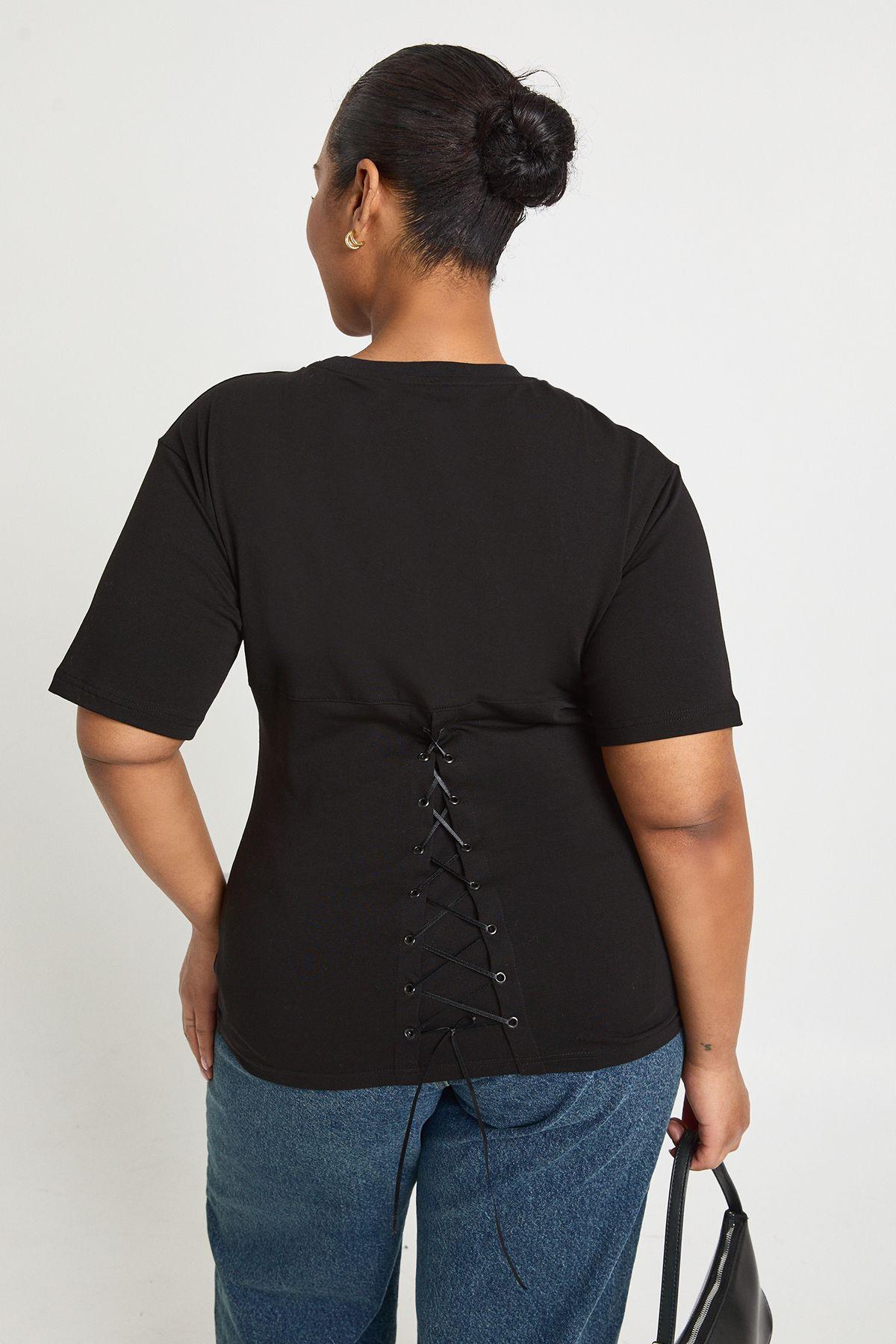 Plus Corset Detail Crew Neck Top by BOOHOO