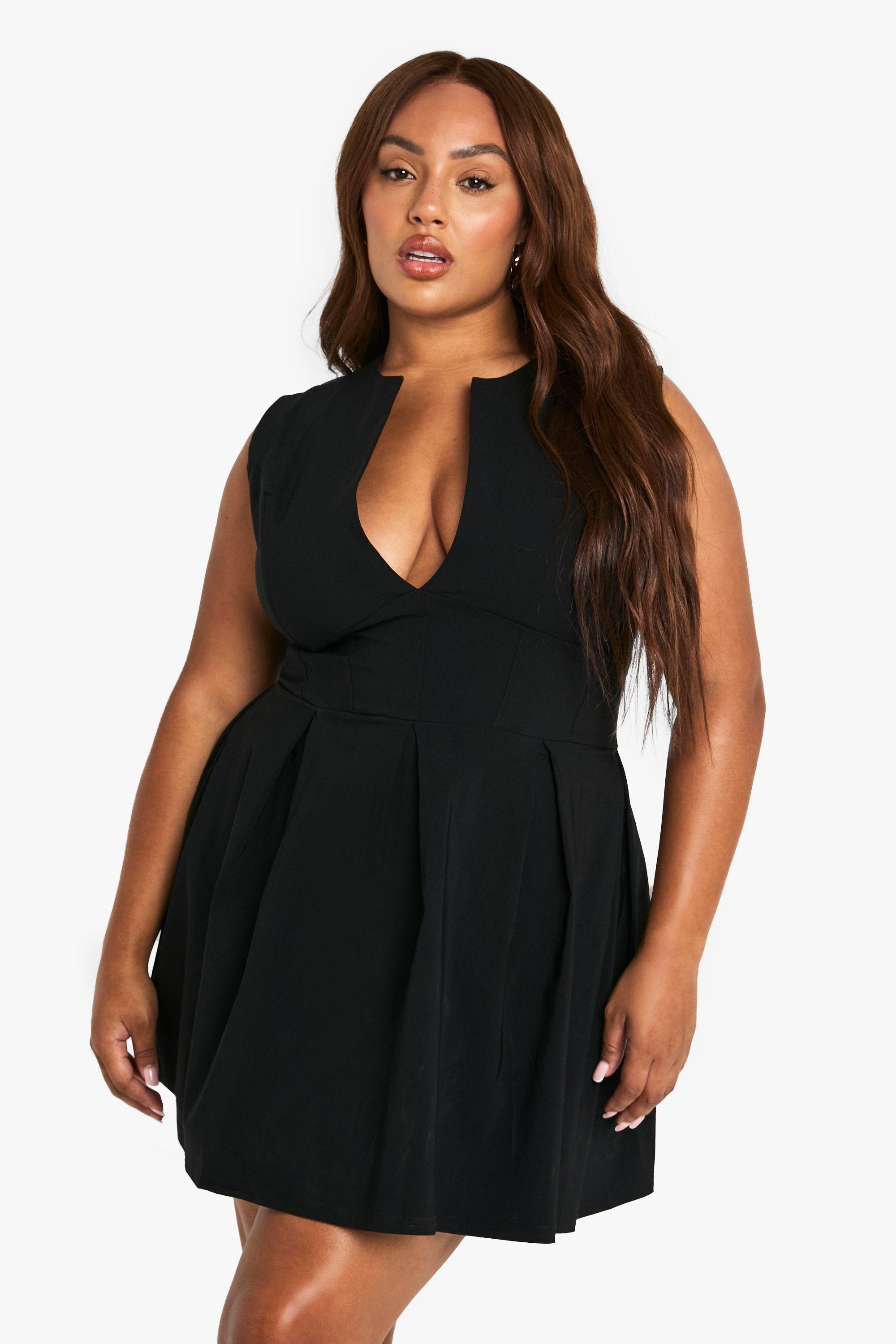 Plus Corset Detail Plunge Pleated Hem Dress by BOOHOO