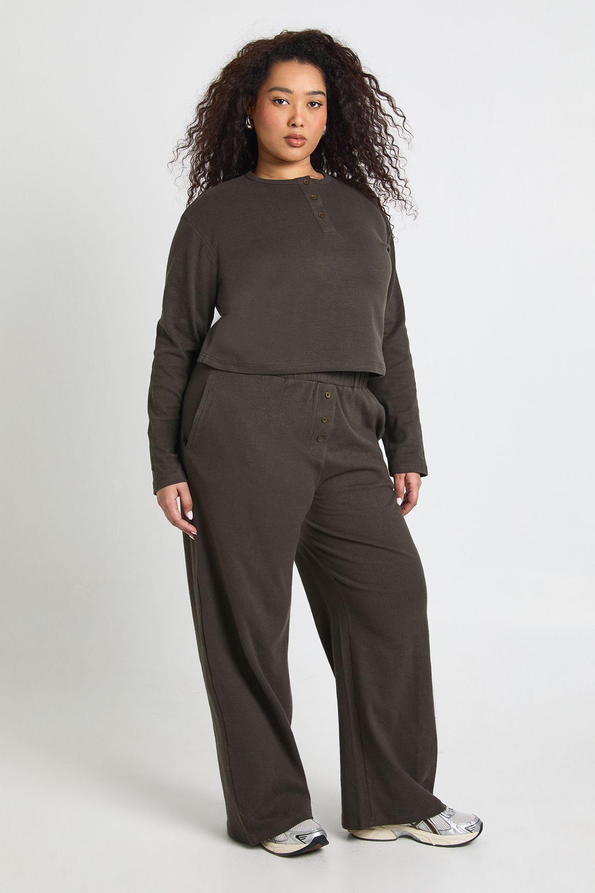 Plus Cotton Button Through Crew Neck Top & Trouser Co Ord by BOOHOO