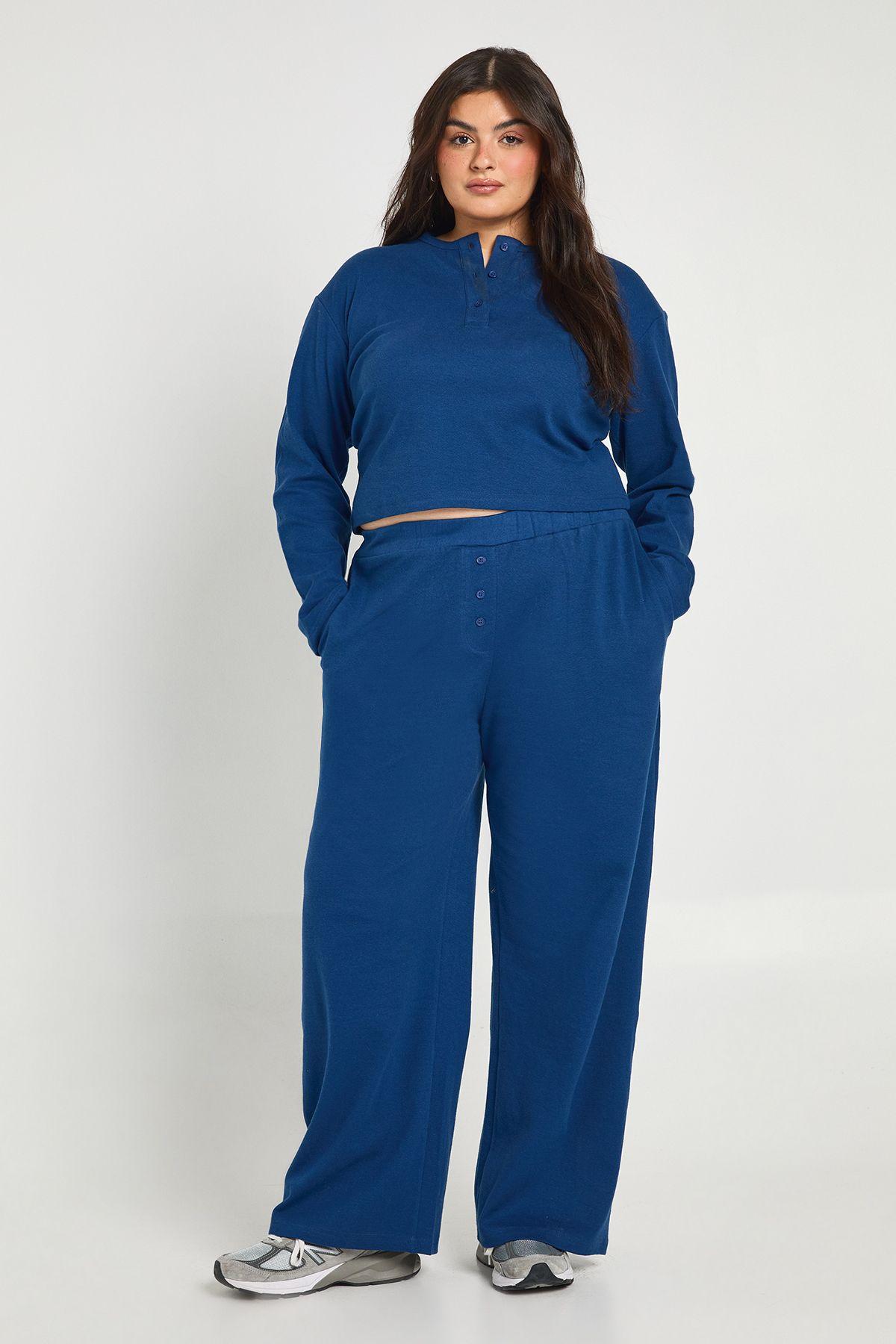 Plus Cotton Button Through Crew Neck Top & Trouser Co Ord by BOOHOO