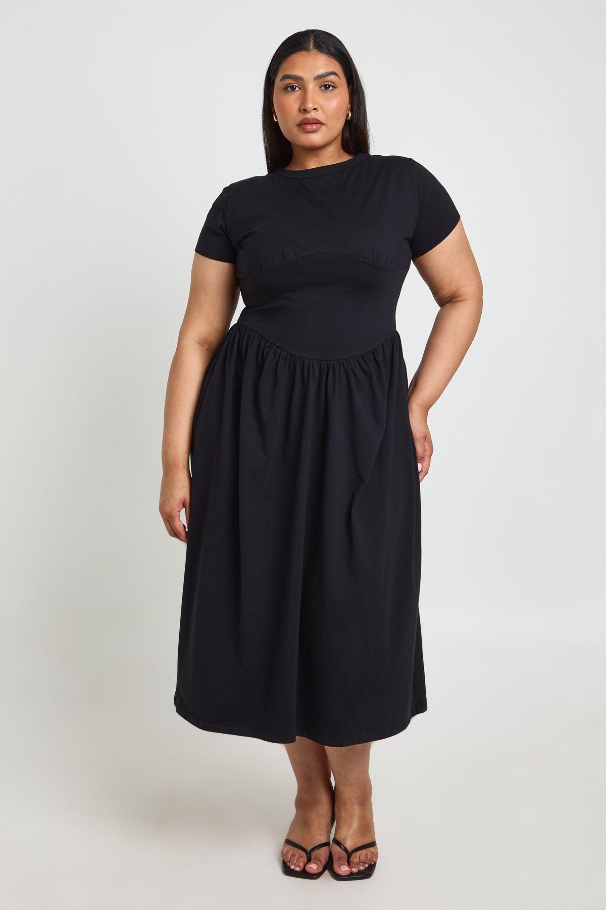 Plus Cotton Cinched Waist Cap Sleeve Midi Dress by BOOHOO
