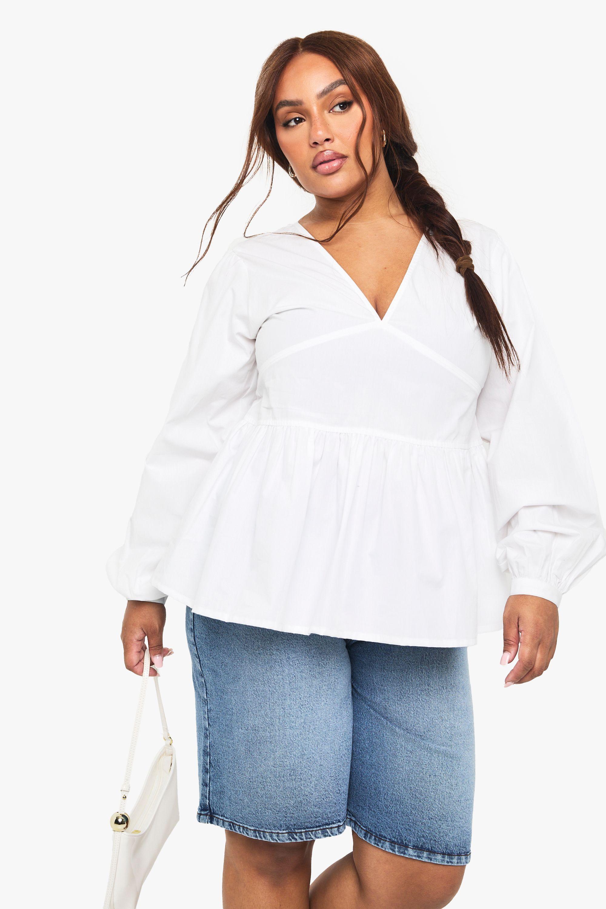 Plus Cotton Poplin Blouson Sleeve Smock Top by BOOHOO