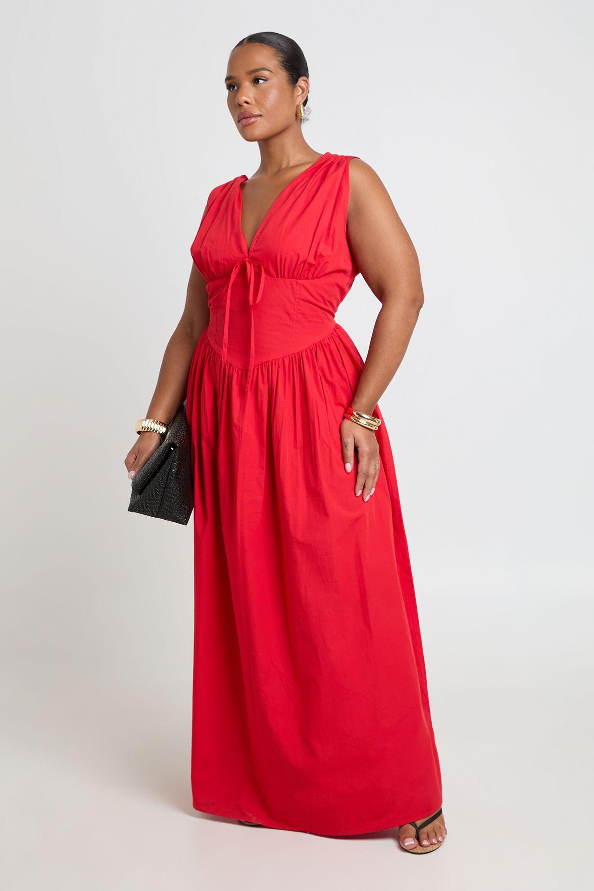 Plus Cotton Poplin Deep V Cinched Waist Detail Maxi Dress by BOOHOO