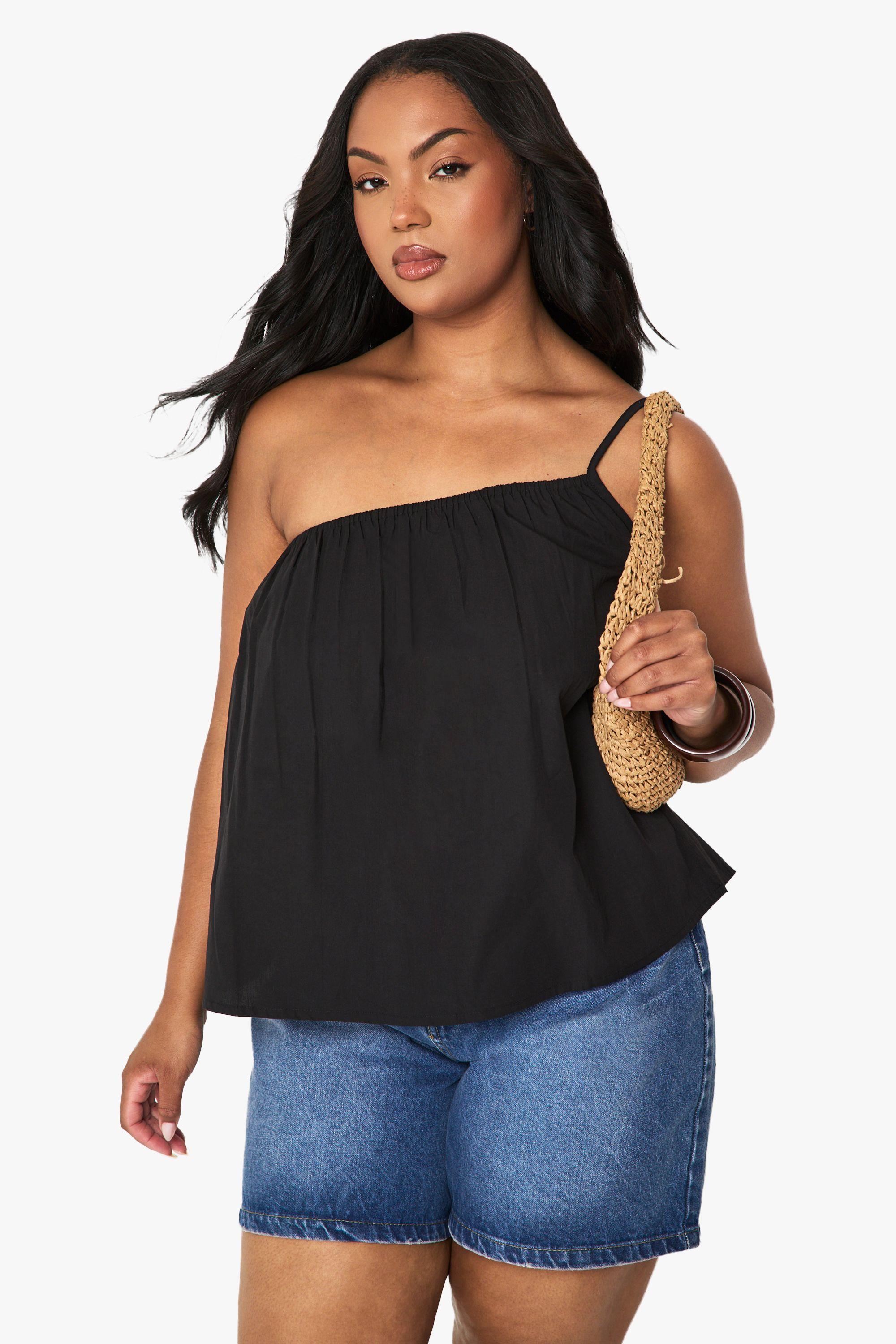 Plus Cotton Poplin One Shoulder Cami by BOOHOO