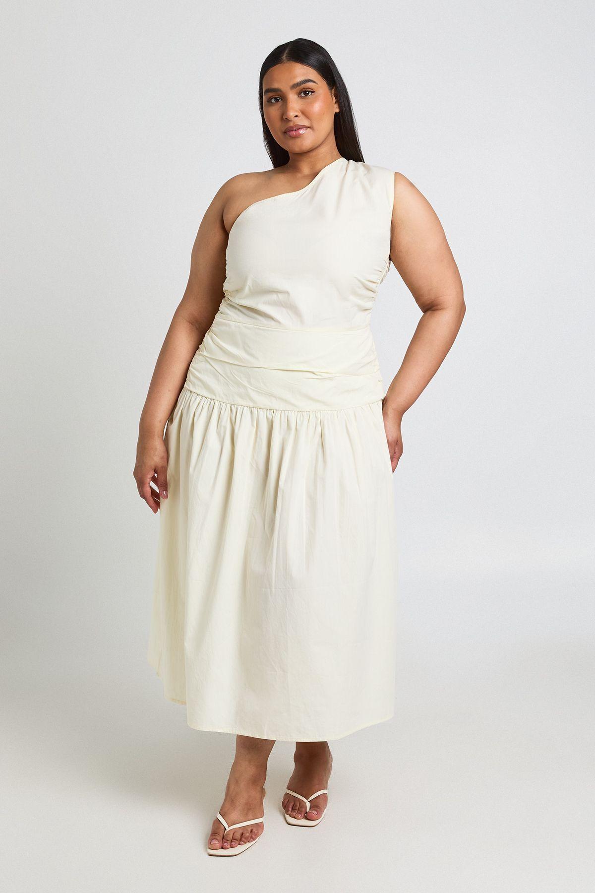 Plus Cotton Poplin One Shoulder Ruched Midaxi Dress by BOOHOO