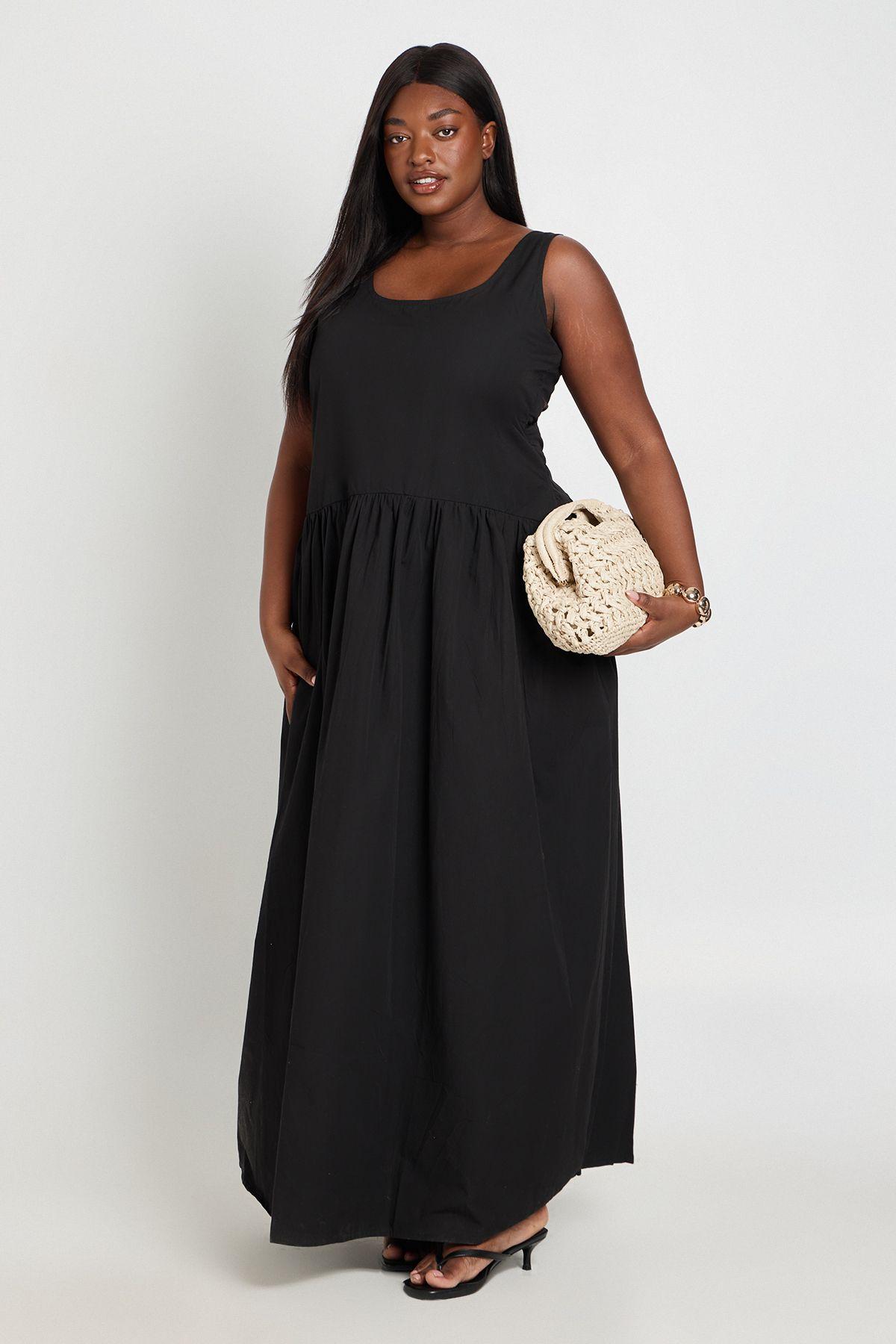 Plus Cotton Poplin Pleated Maxi Dress by BOOHOO