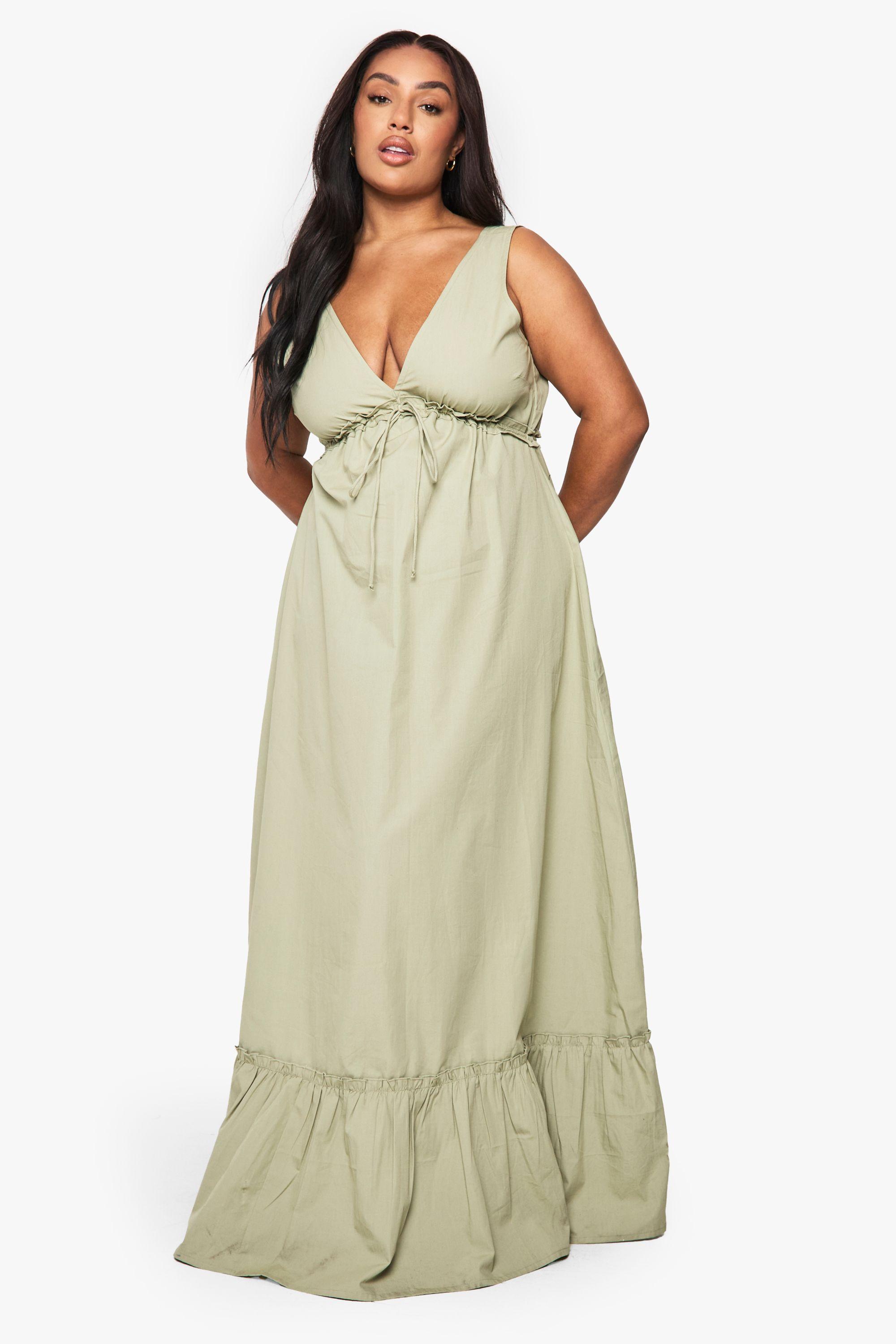 Plus Cotton Poplin Ruched Tie Detail Maxi Dress by BOOHOO