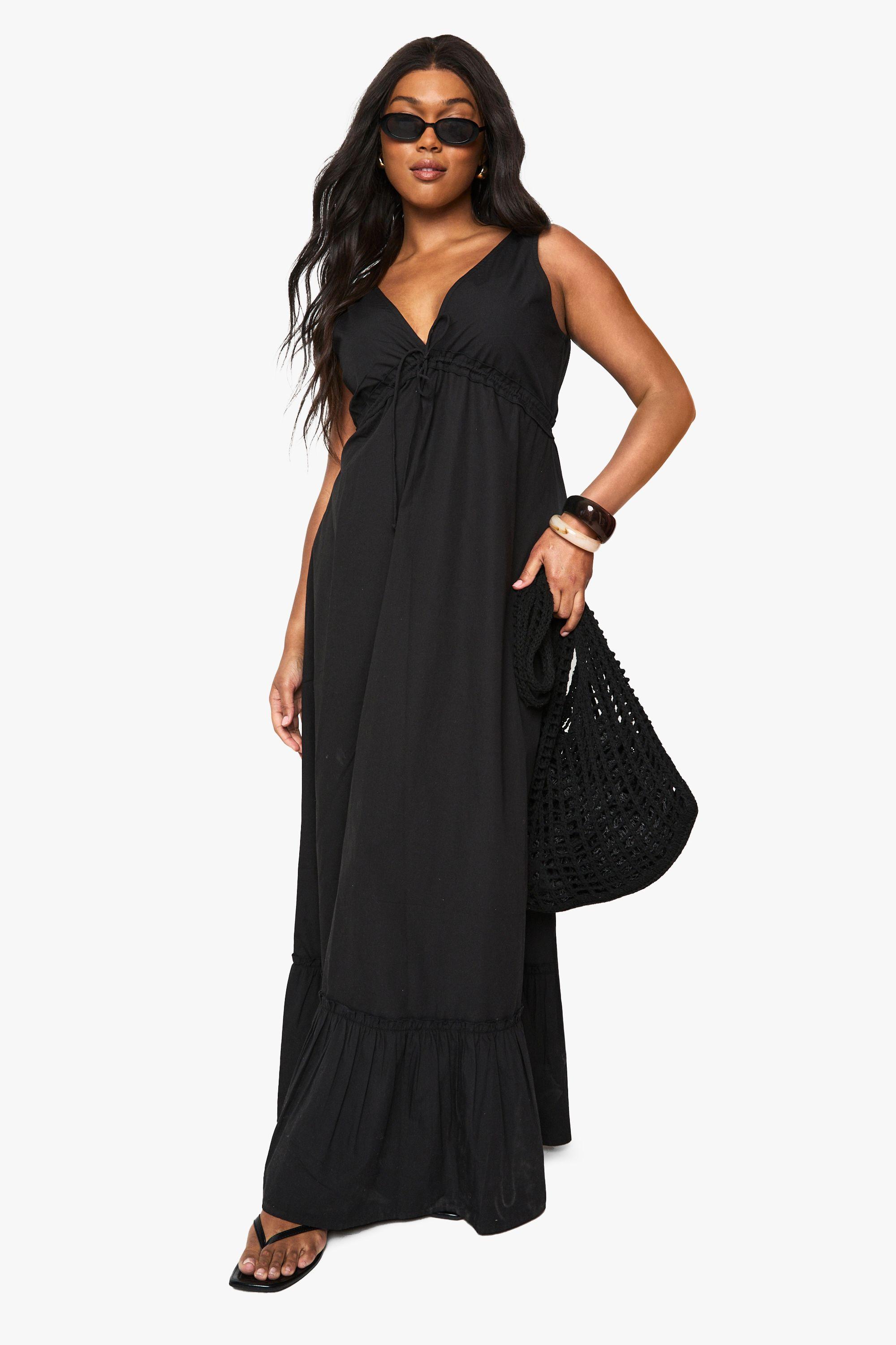 Plus Cotton Poplin Ruched Tie Detail Maxi Dress by BOOHOO