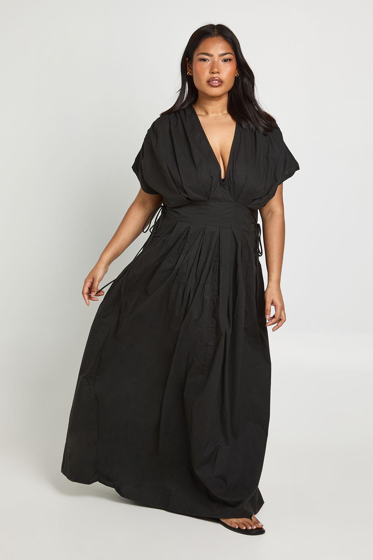 Plus Cotton Poplin Ruched Tie Waist Detail Maxi Dress by BOOHOO