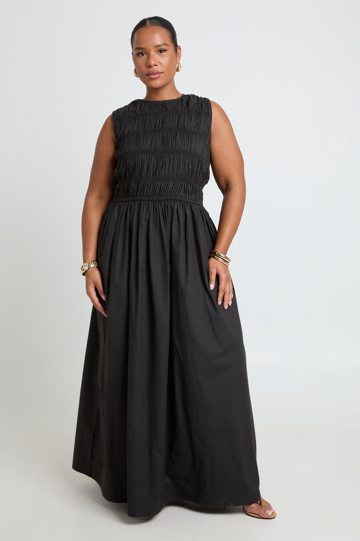 Plus Cotton Poplin Shirred Maxi Dress by BOOHOO