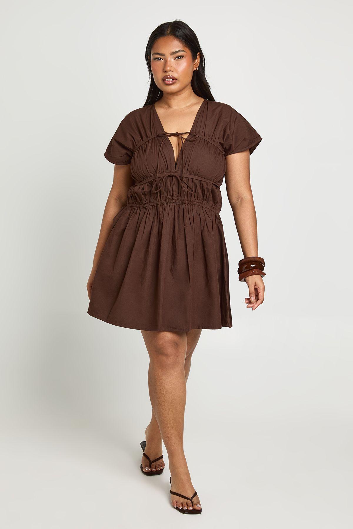 Plus Cotton Poplin Shirred Mini Dress by BOOHOO