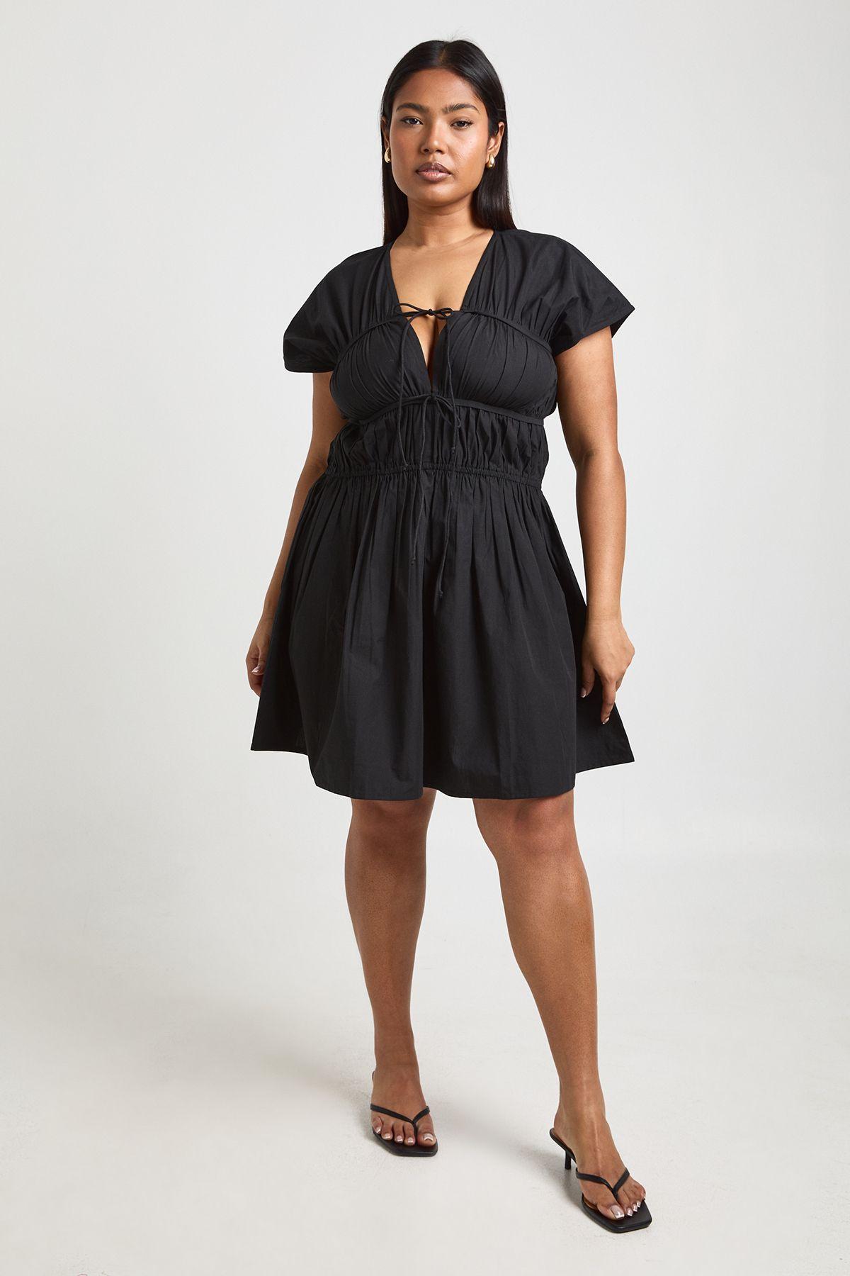 Plus Cotton Poplin Shirred Mini Dress by BOOHOO