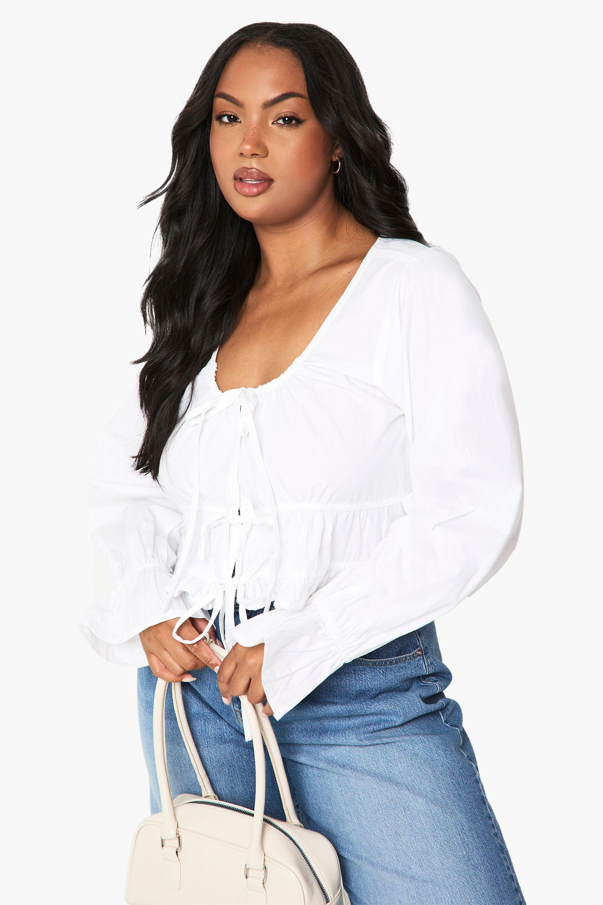 Plus Cotton Poplin Tie Detail Top by BOOHOO
