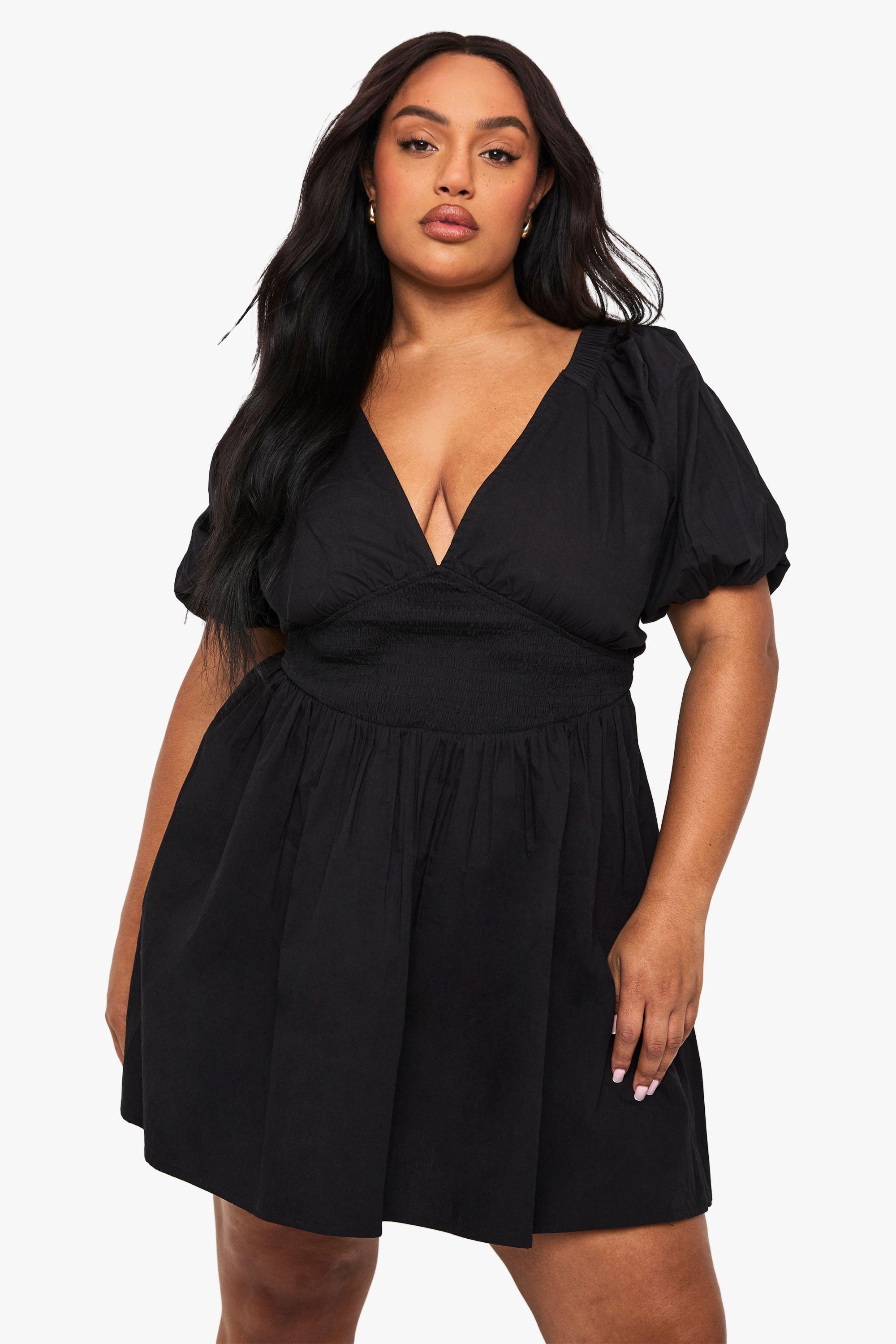 Plus Cotton Puff Sleeve Tie Back Skater Dress by BOOHOO