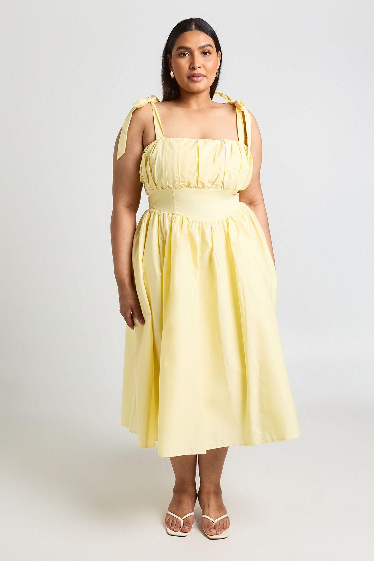 Plus Cotton Ruched Bust Shoulder Tie Midi Dress by BOOHOO Plus Cotton Ruched Bust Shoulder Tie Midi Dress by BOOHOO