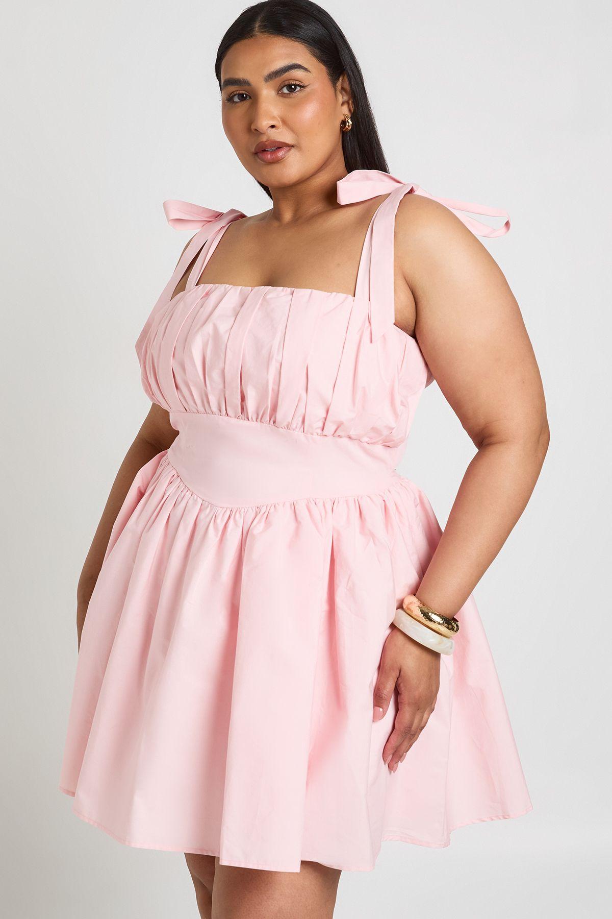 Plus Cotton Ruched Bust Shoulder Tie Mini Dress by BOOHOO