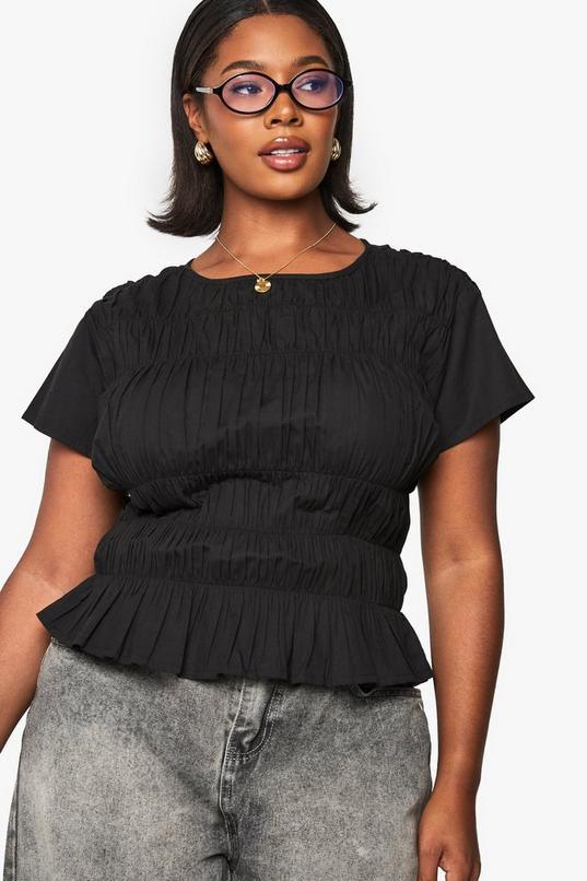 Plus Cotton Shirred Puff Sleeve Blouse by BOOHOO