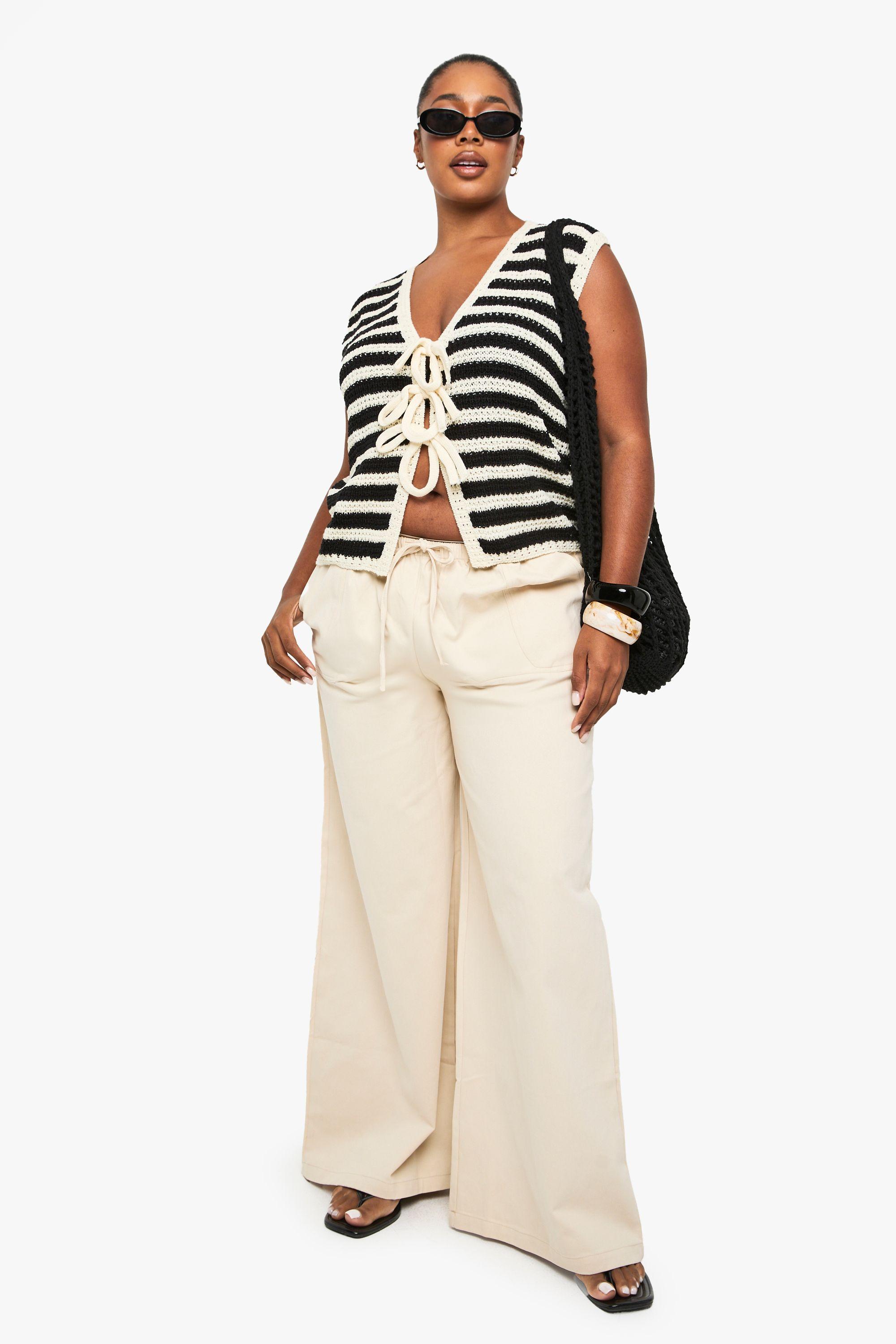 Plus Cotton Twill Drawstring Waist Wide Leg Trouser by BOOHOO