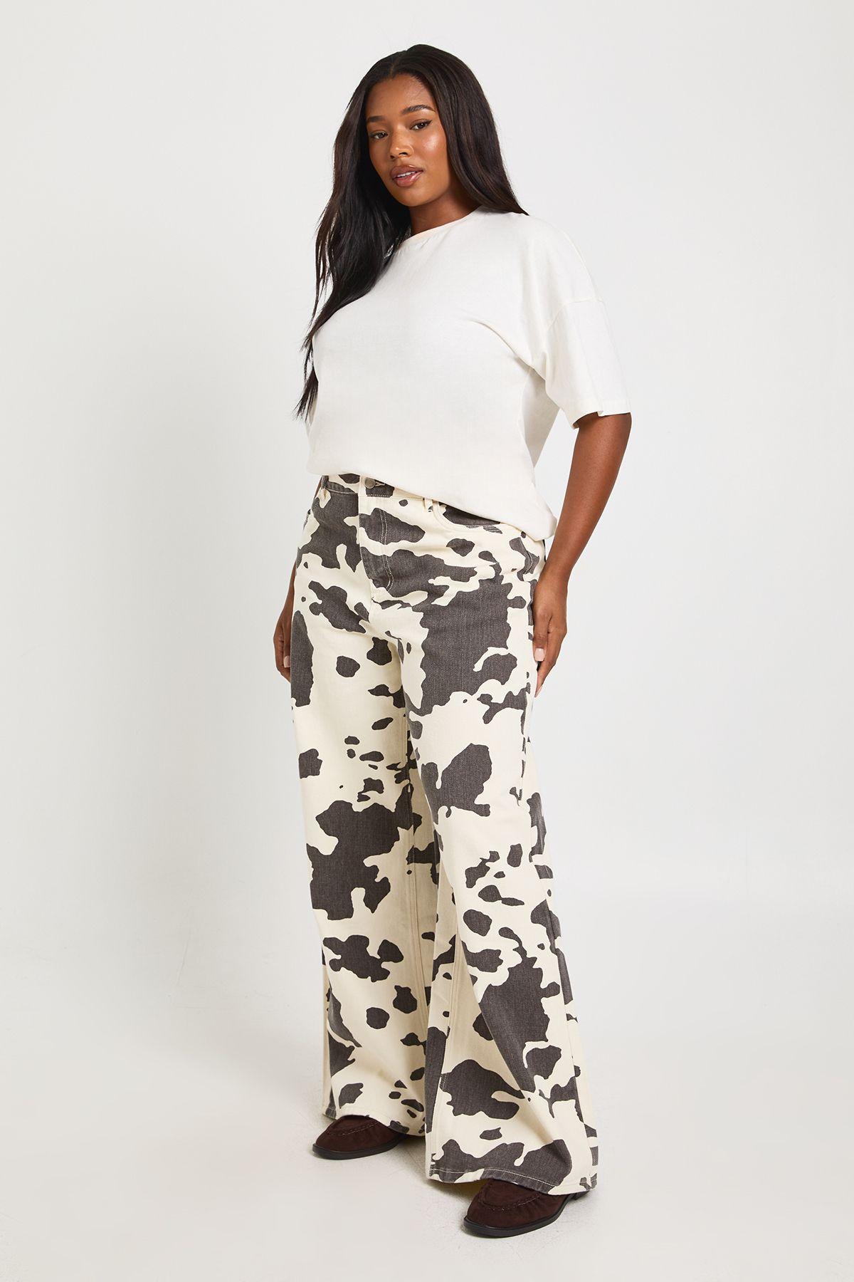 Plus Cow Print High Waist Wide Leg Jean by BOOHOO