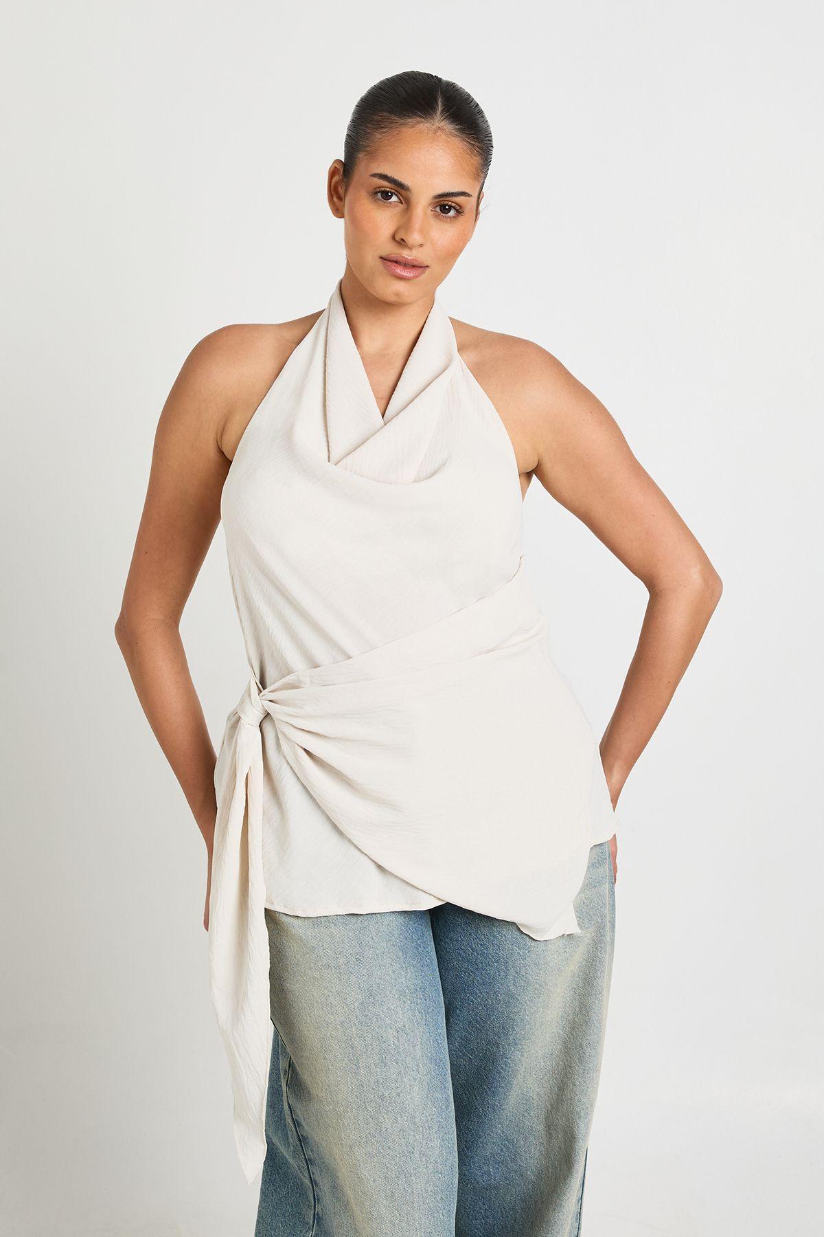 Plus Cowl Front Tie Side Halter Top by BOOHOO
